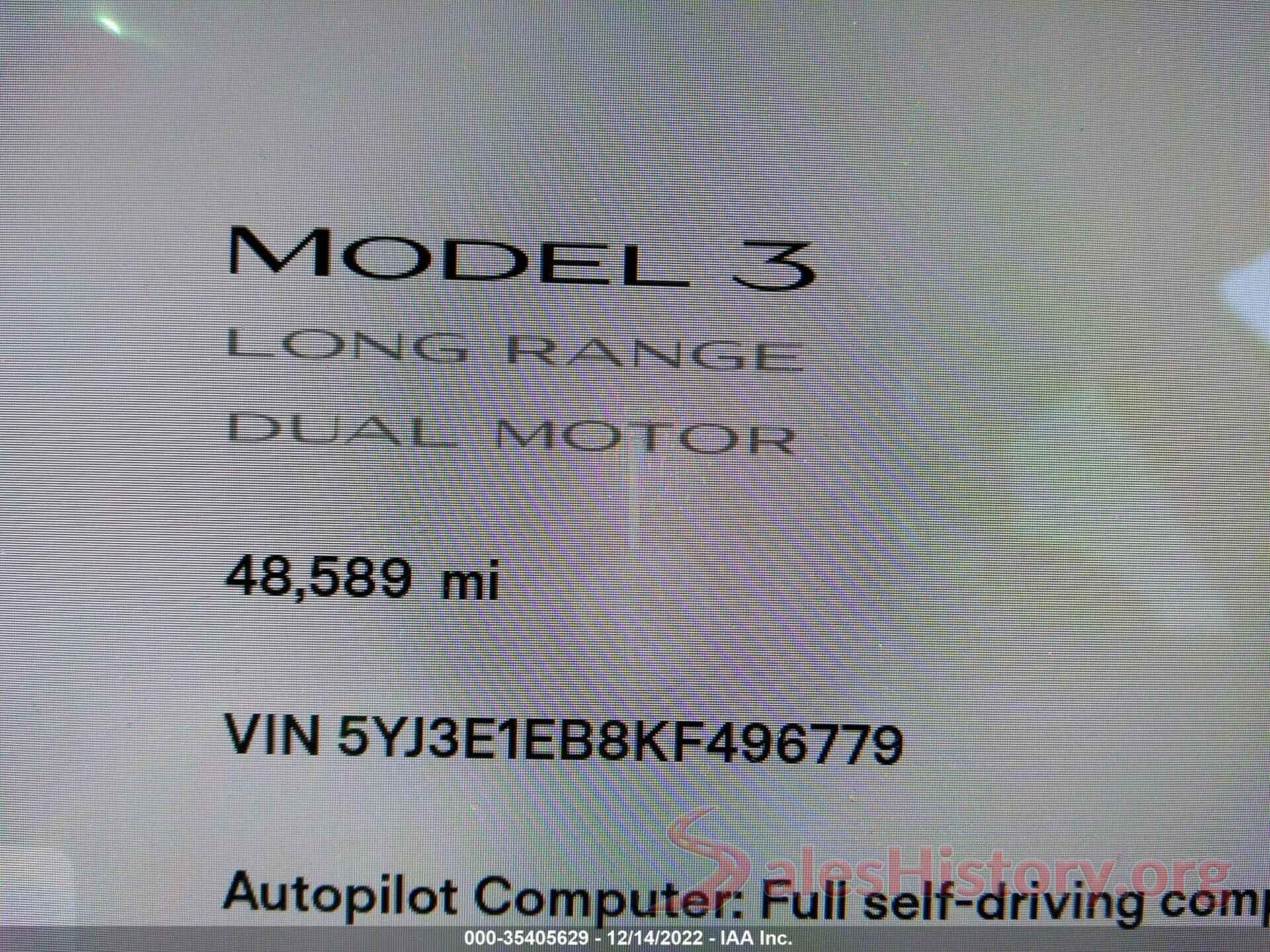 5YJ3E1EB8KF496779 2019 TESLA MODEL 3