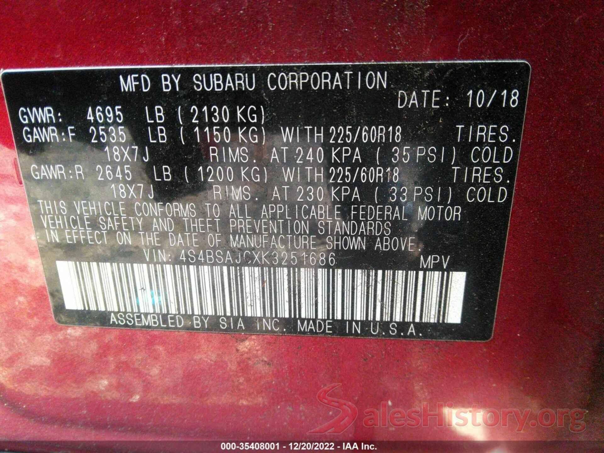 4S4BSAJCXK3251686 2019 SUBARU OUTBACK