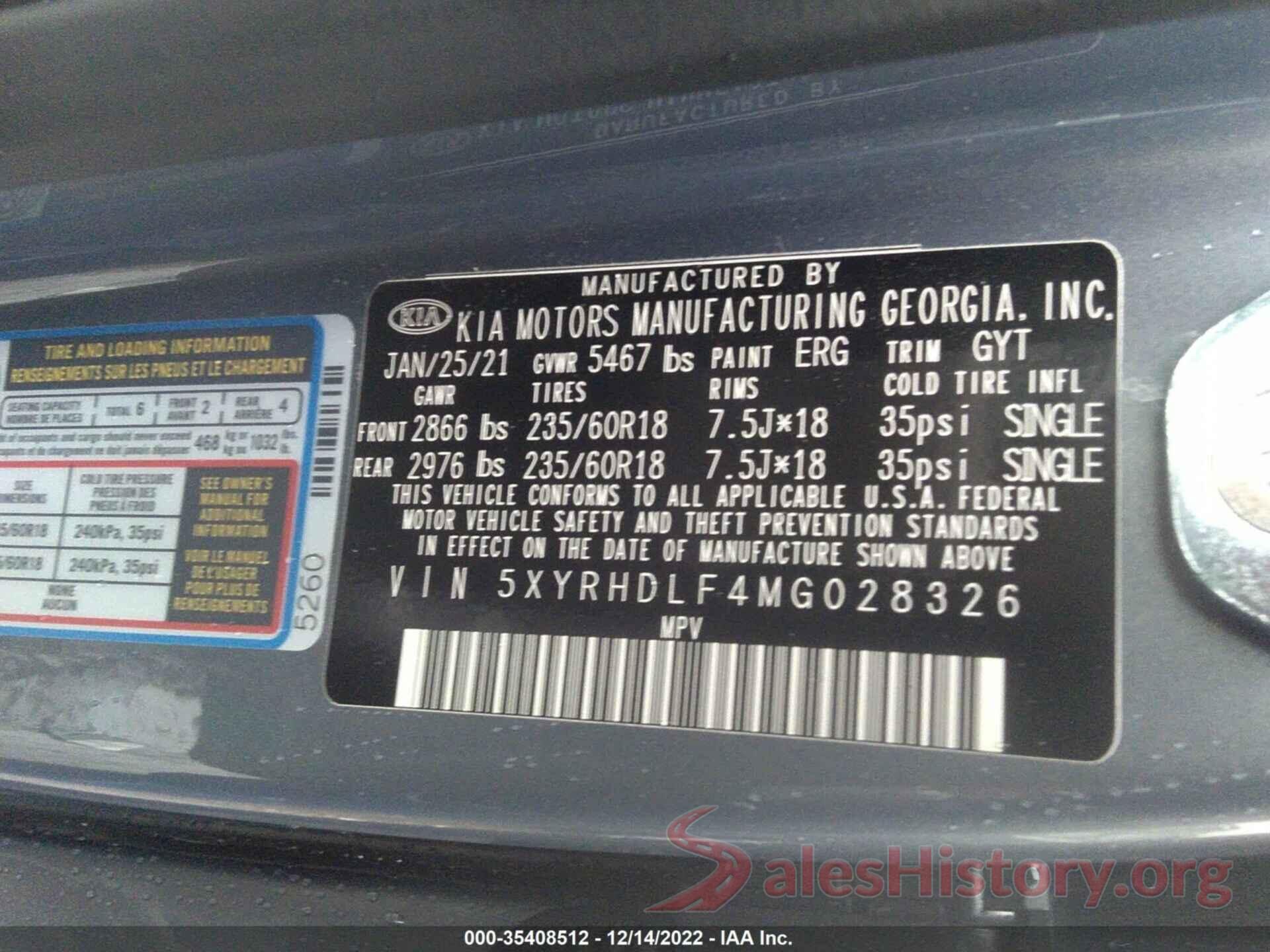 5XYRHDLF4MG028326 2021 KIA SORENTO