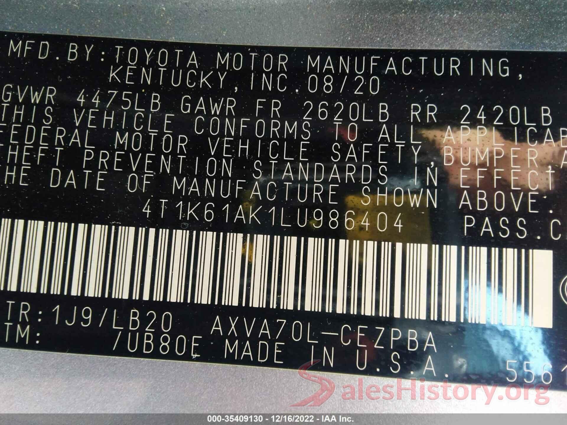 4T1K61AK1LU986404 2020 TOYOTA CAMRY