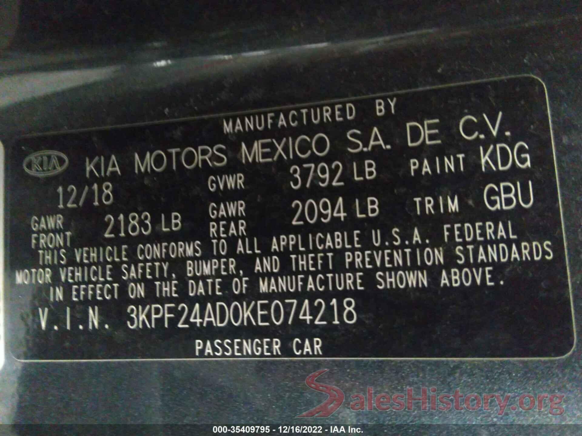 3KPF24AD0KE074218 2019 KIA FORTE