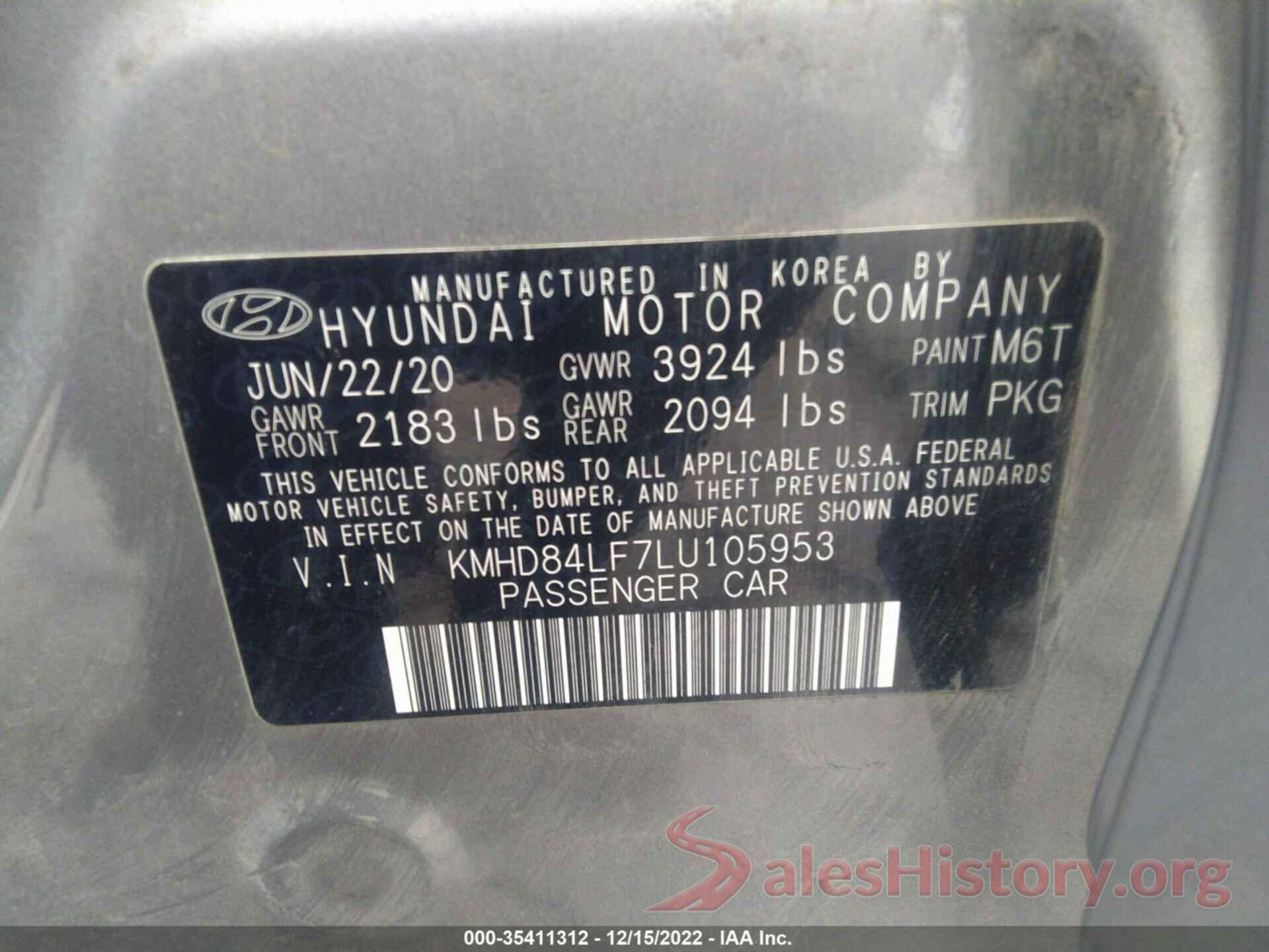 KMHD84LF7LU105953 2020 HYUNDAI ELANTRA