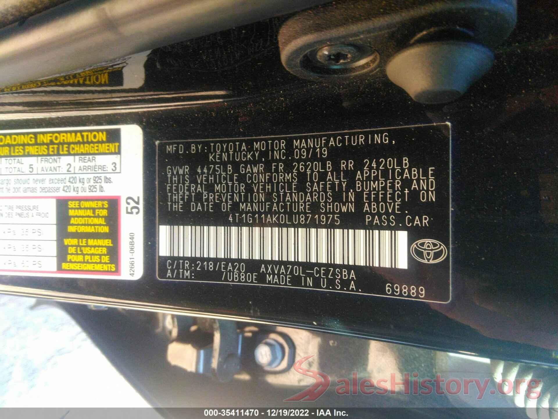 4T1G11AK0LU871975 2020 TOYOTA CAMRY