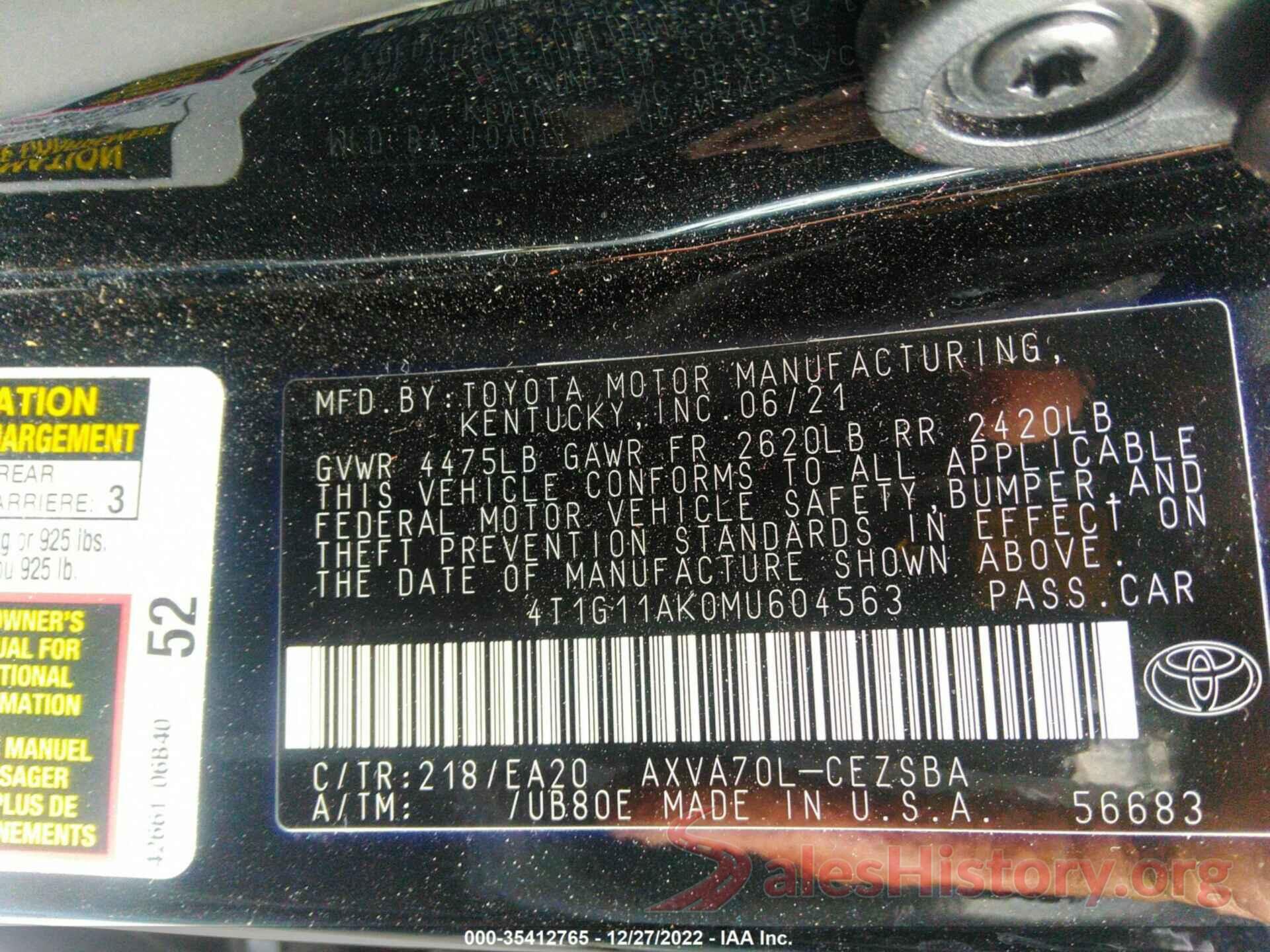 4T1G11AK0MU604563 2021 TOYOTA CAMRY