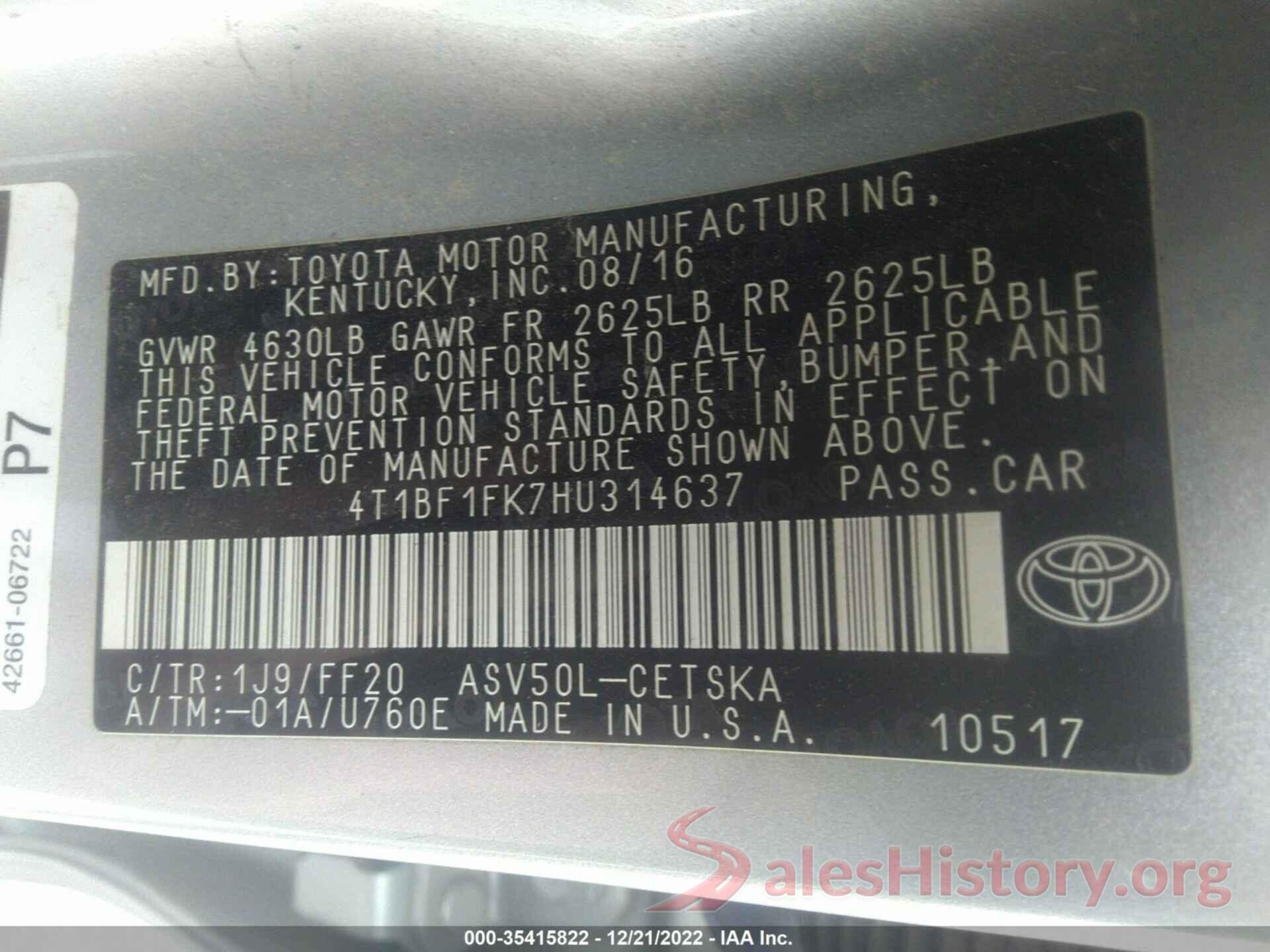 4T1BF1FK7HU314637 2017 TOYOTA CAMRY