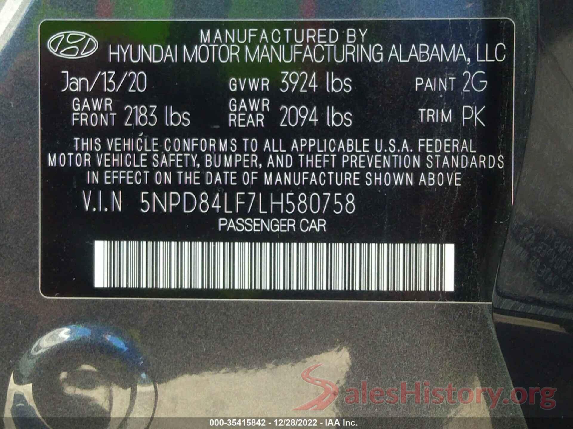 5NPD84LF7LH580758 2020 HYUNDAI ELANTRA