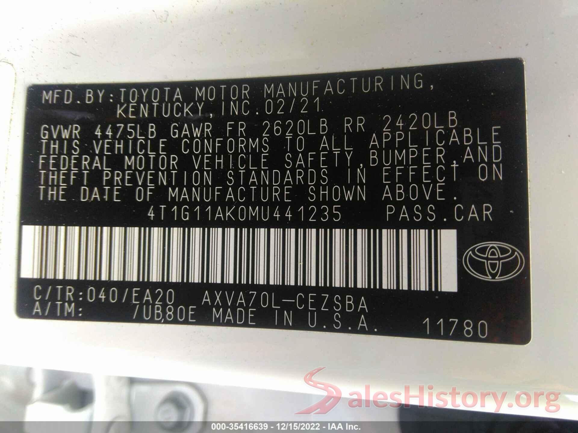 4T1G11AK0MU441235 2021 TOYOTA CAMRY