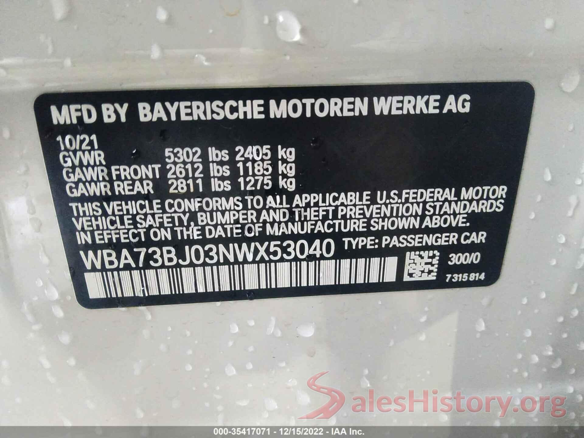 WBA73BJ03NWX53040 2022 BMW 5 SERIES