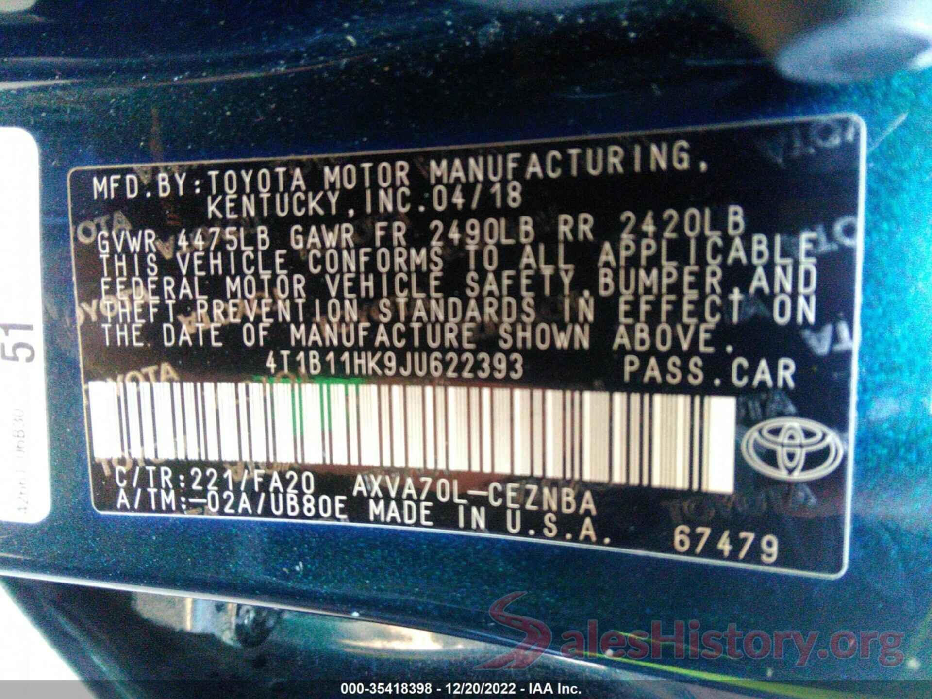 4T1B11HK9JU622393 2018 TOYOTA CAMRY