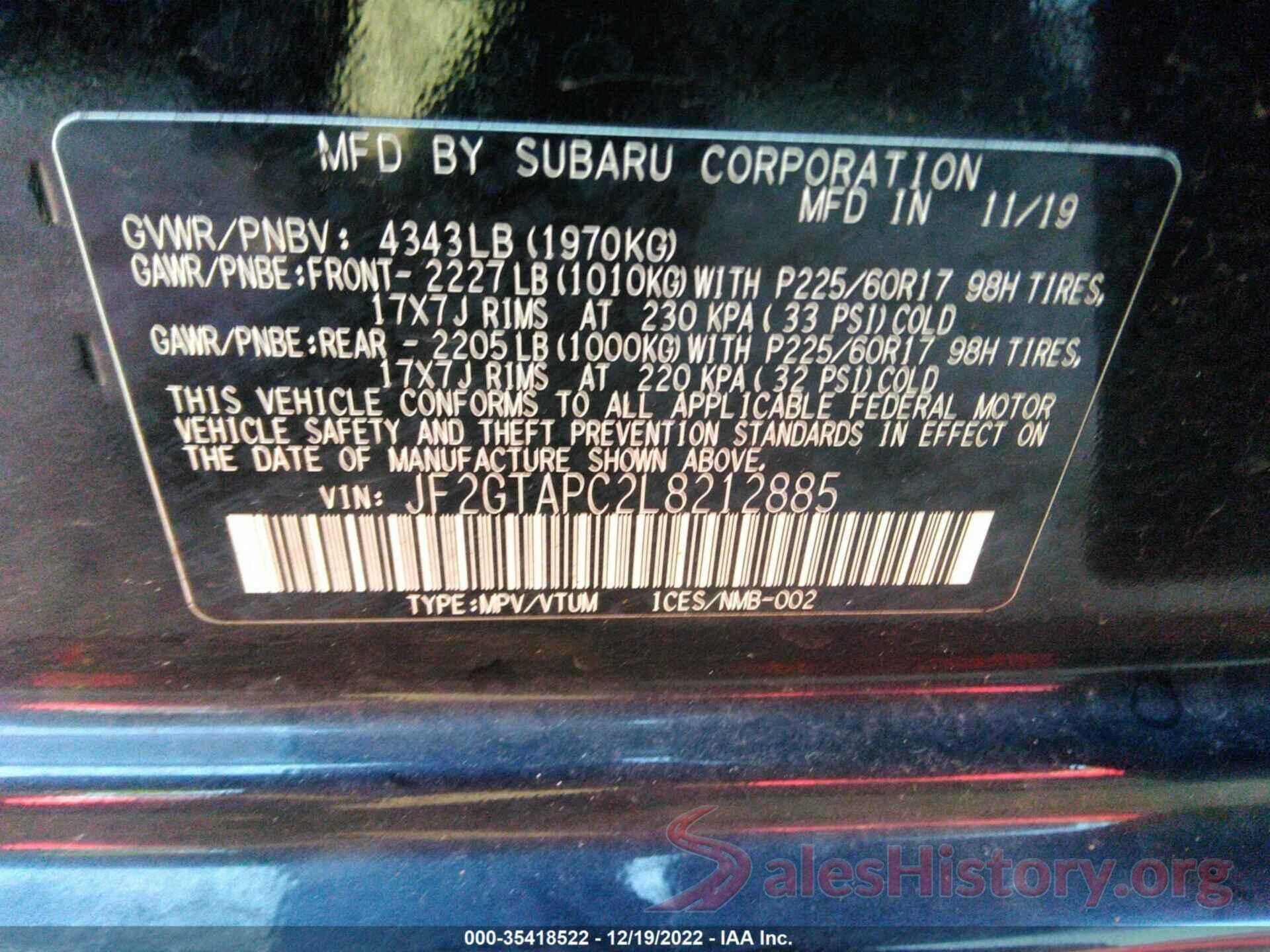 JF2GTAPC2L8212885 2020 SUBARU CROSSTREK