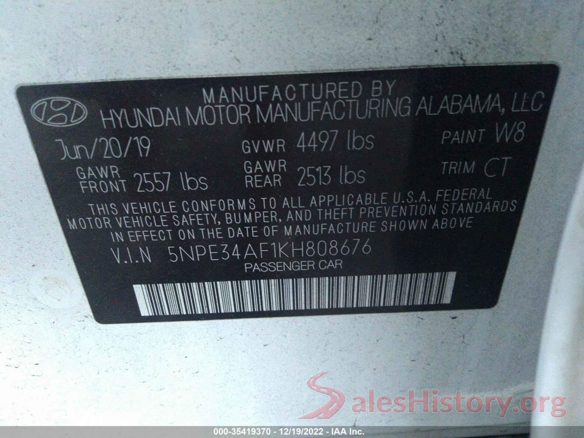 5NPE34AF1KH808676 2019 HYUNDAI SONATA