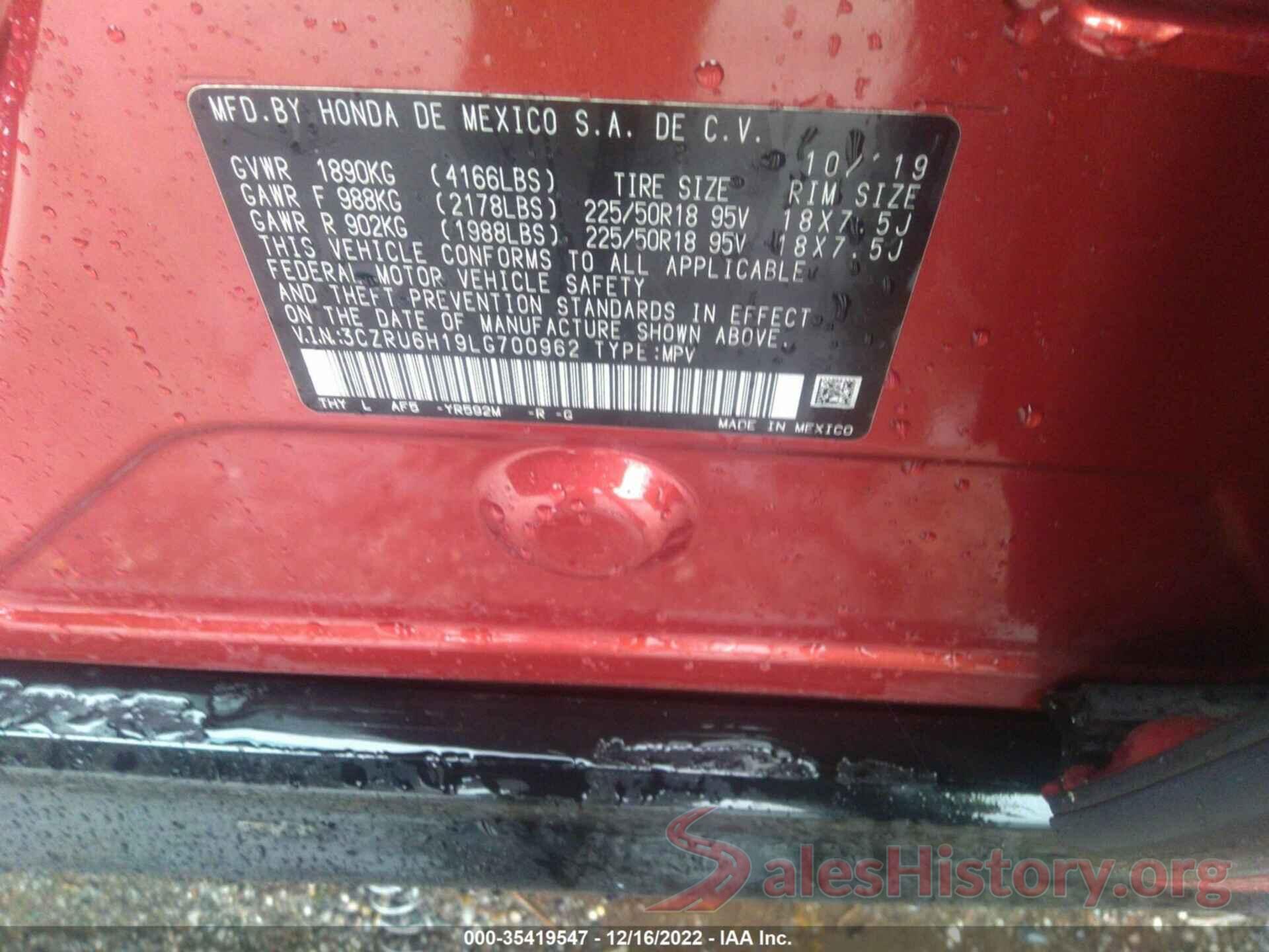 3CZRU6H19LG700962 2020 HONDA HR-V