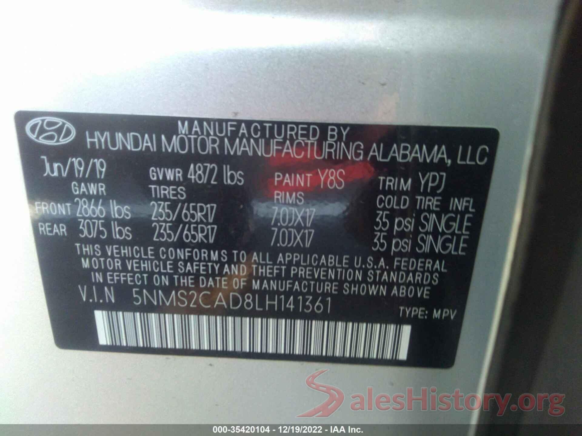 5NMS2CAD8LH141361 2020 HYUNDAI SANTA FE