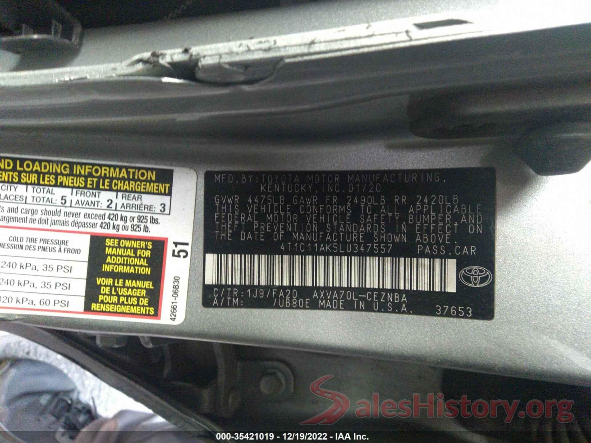 4T1C11AK5LU347557 2020 TOYOTA CAMRY