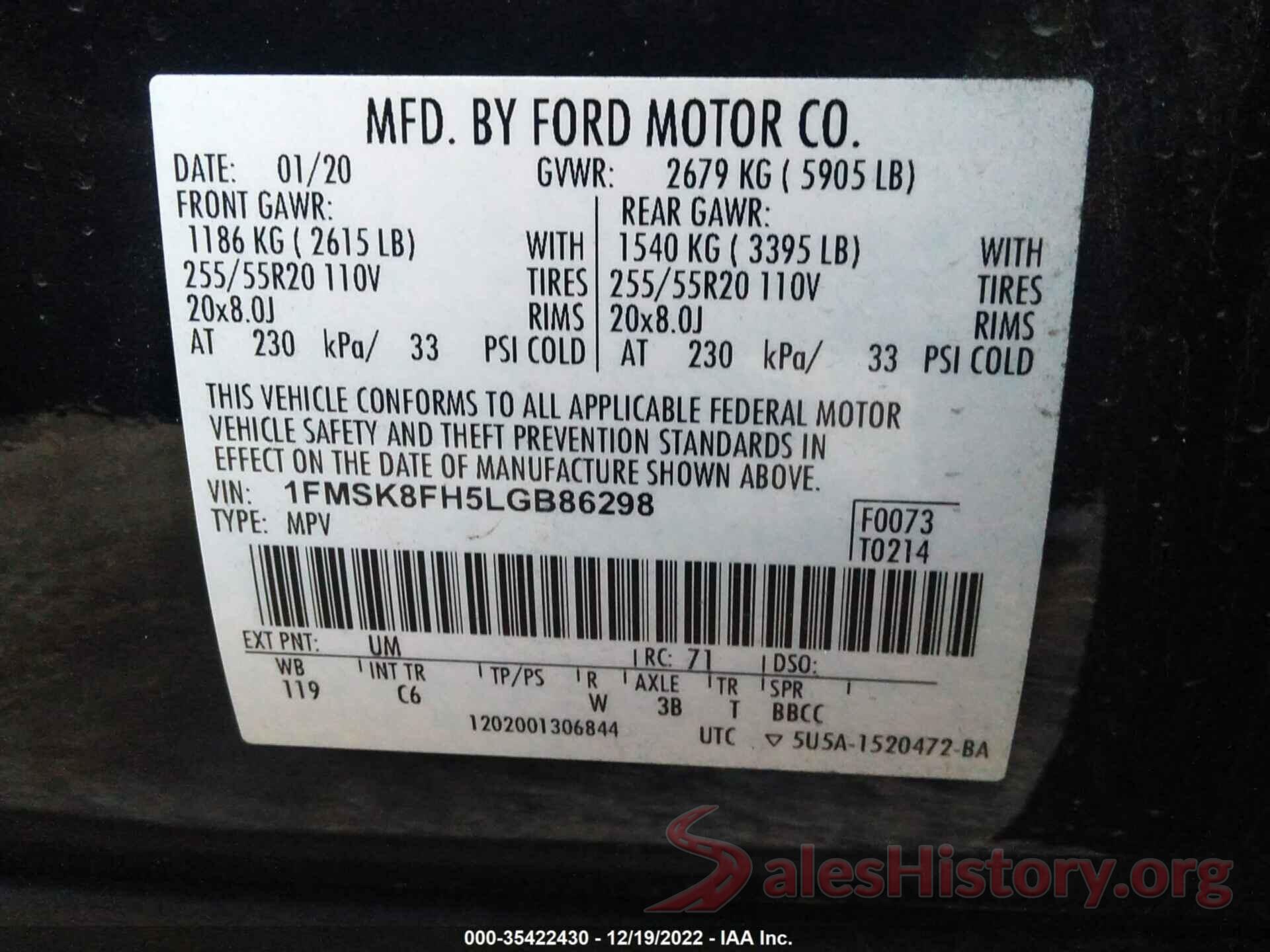 1FMSK8FH5LGB86298 2020 FORD EXPLORER