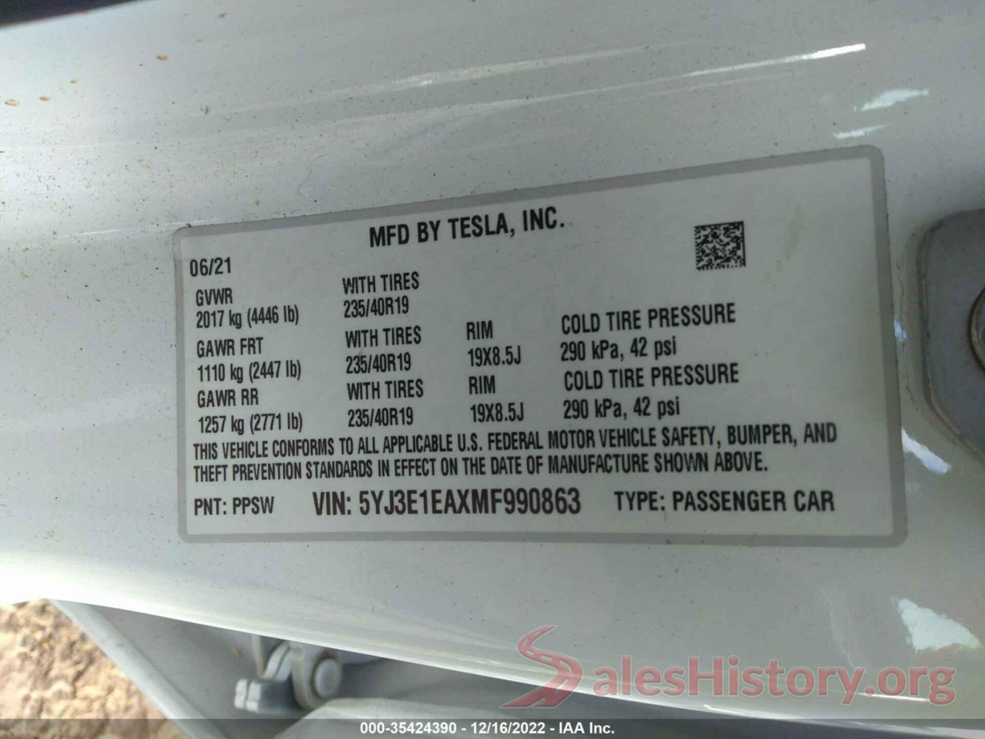 5YJ3E1EAXMF990863 2021 TESLA MODEL 3