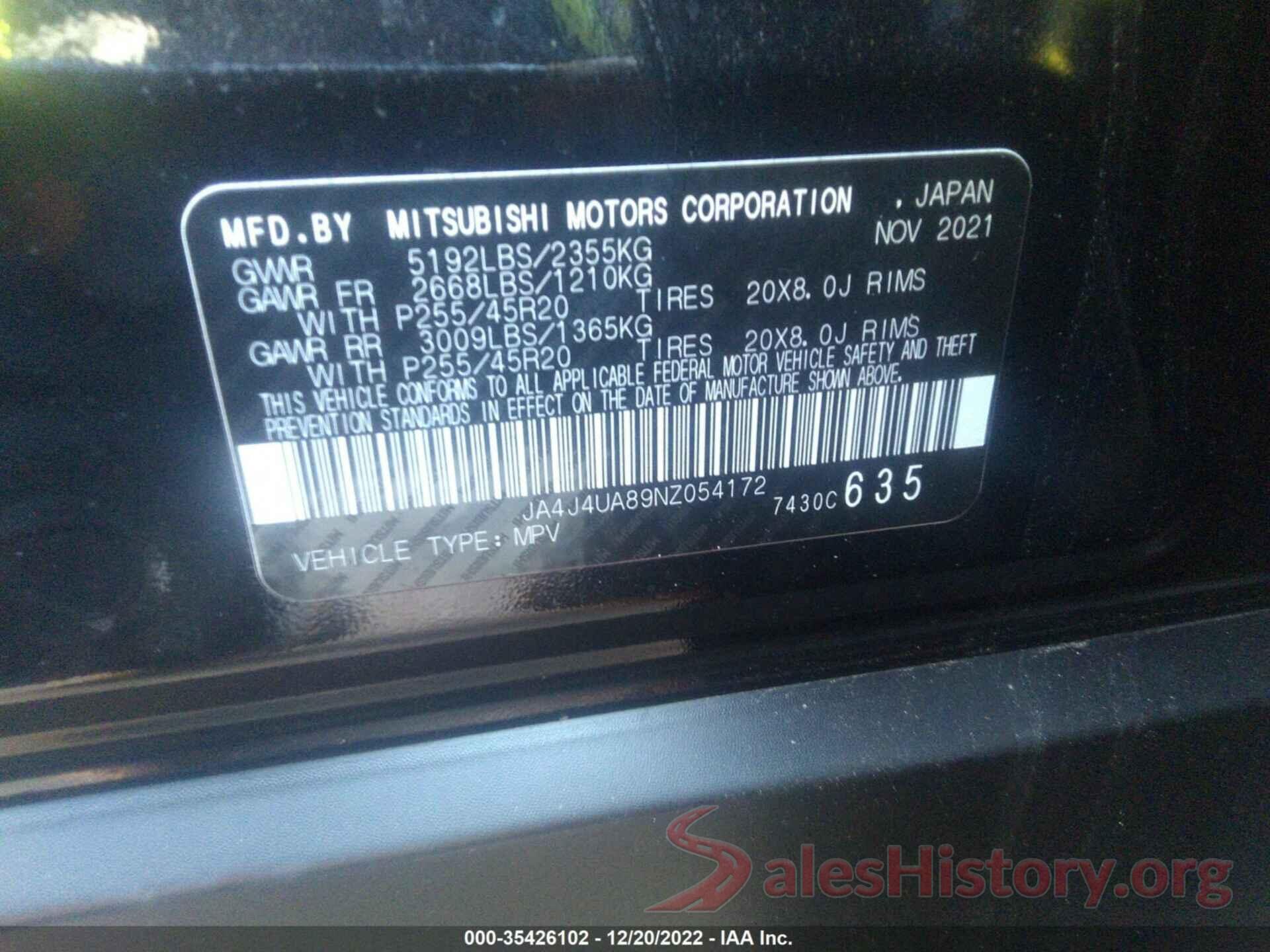 JA4J4UA89NZ054172 2022 MITSUBISHI OUTLANDER