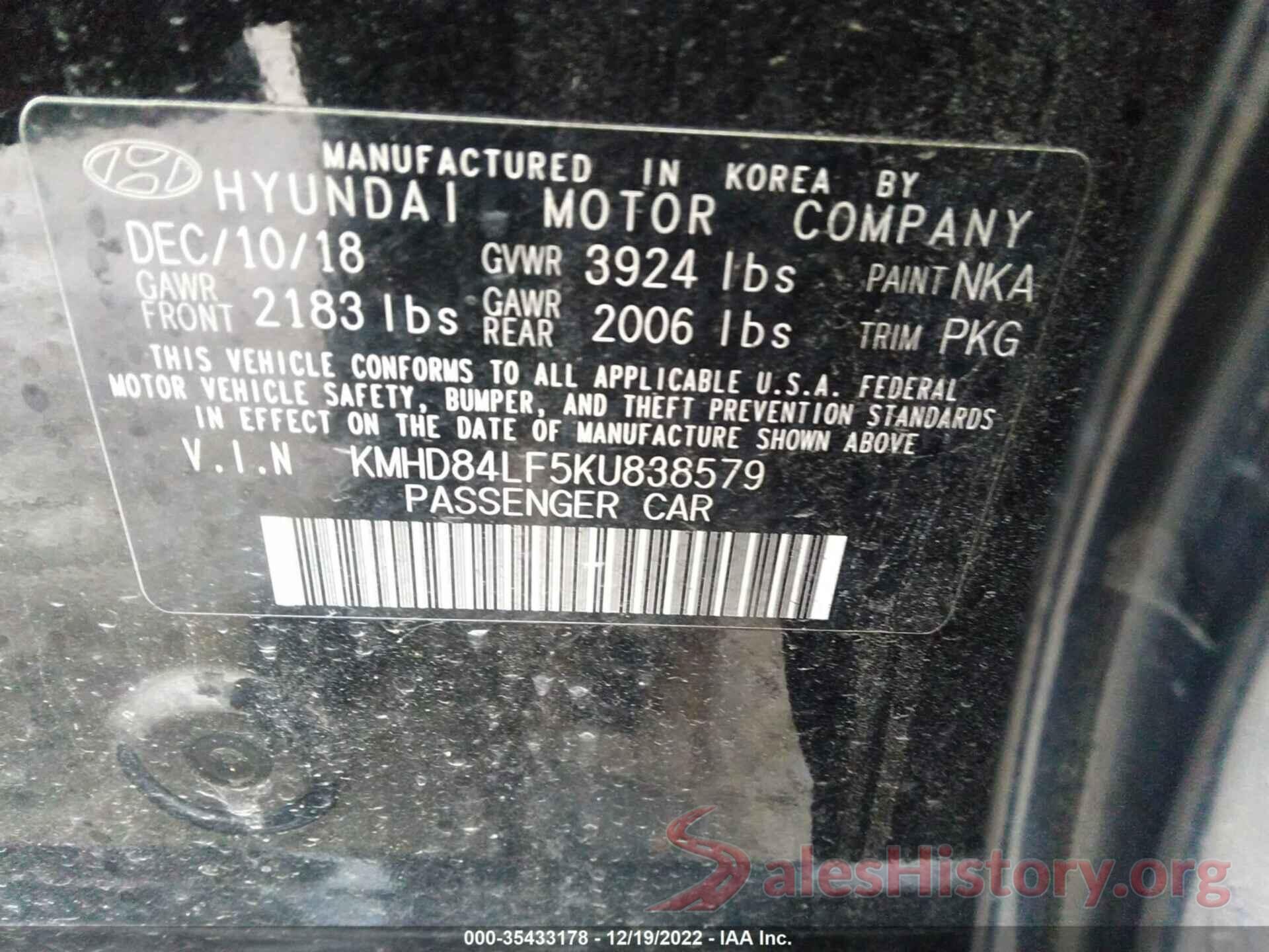 KMHD84LF5KU838579 2019 HYUNDAI ELANTRA