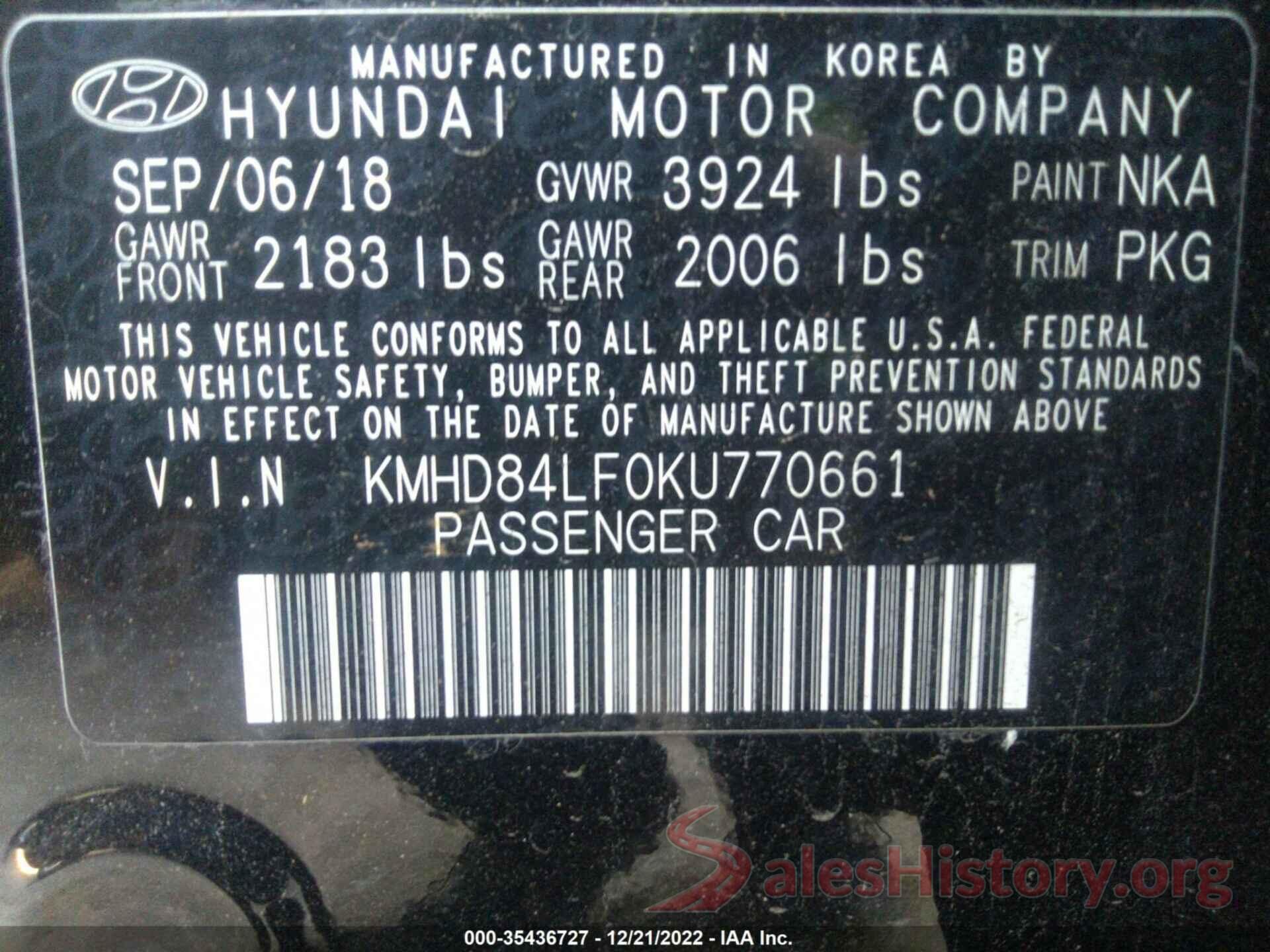 KMHD84LF0KU770661 2019 HYUNDAI ELANTRA