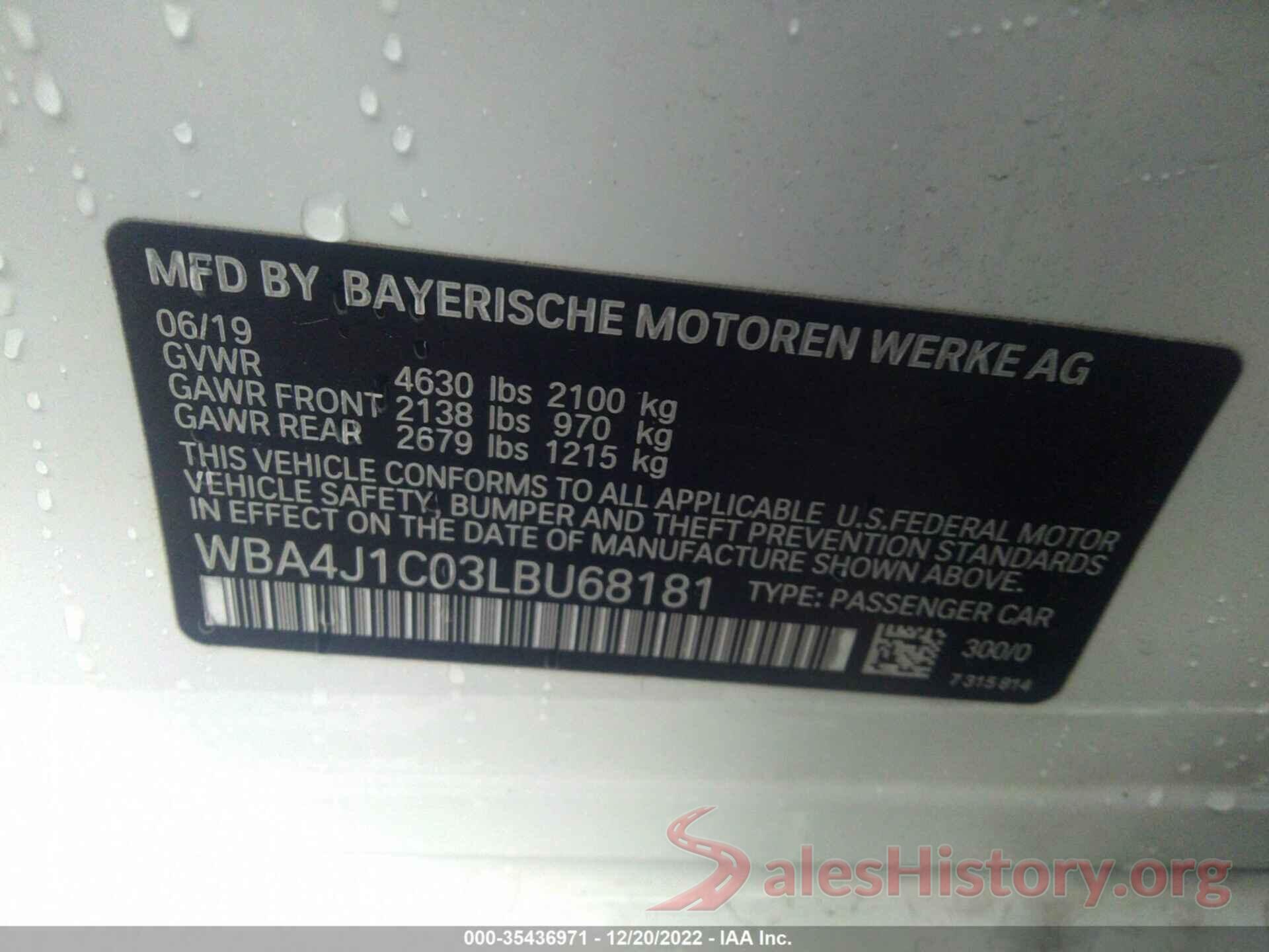 WBA4J1C03LBU68181 2020 BMW 4 SERIES