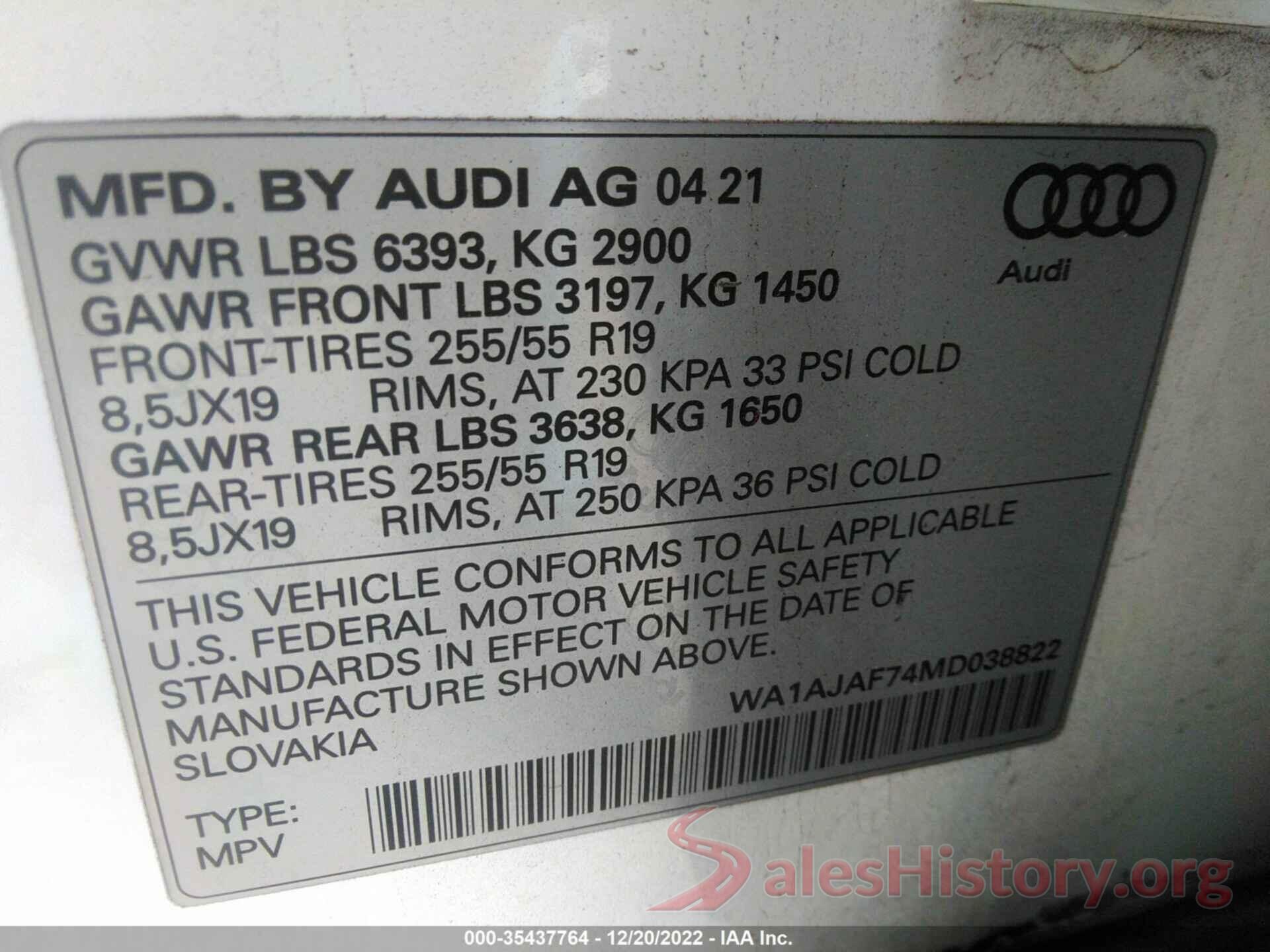 WA1AJAF74MD038822 2021 AUDI Q7