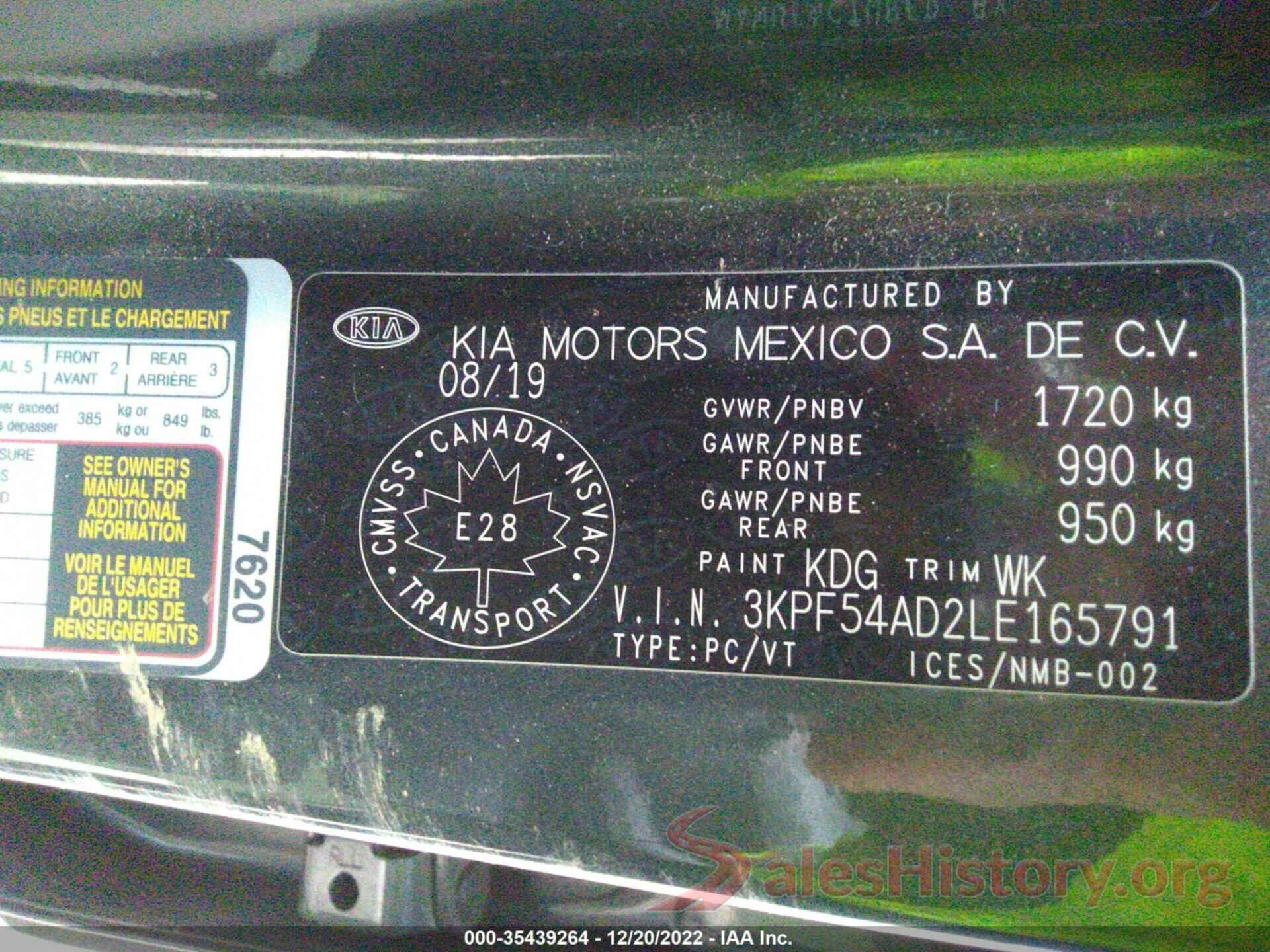 3KPF54AD2LE165791 2020 KIA FORTE