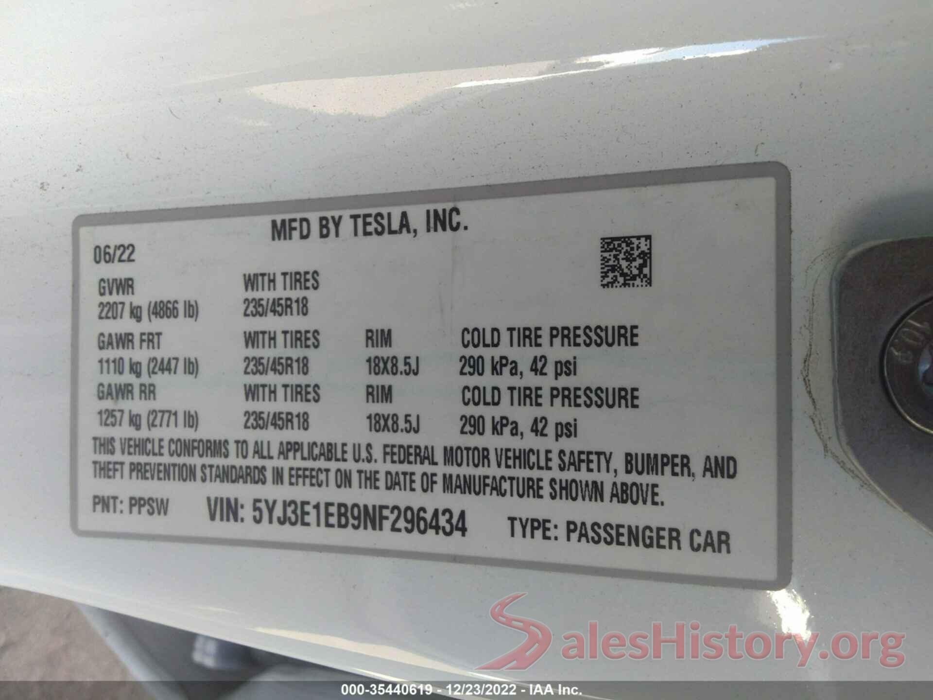 5YJ3E1EB9NF296434 2022 TESLA MODEL 3