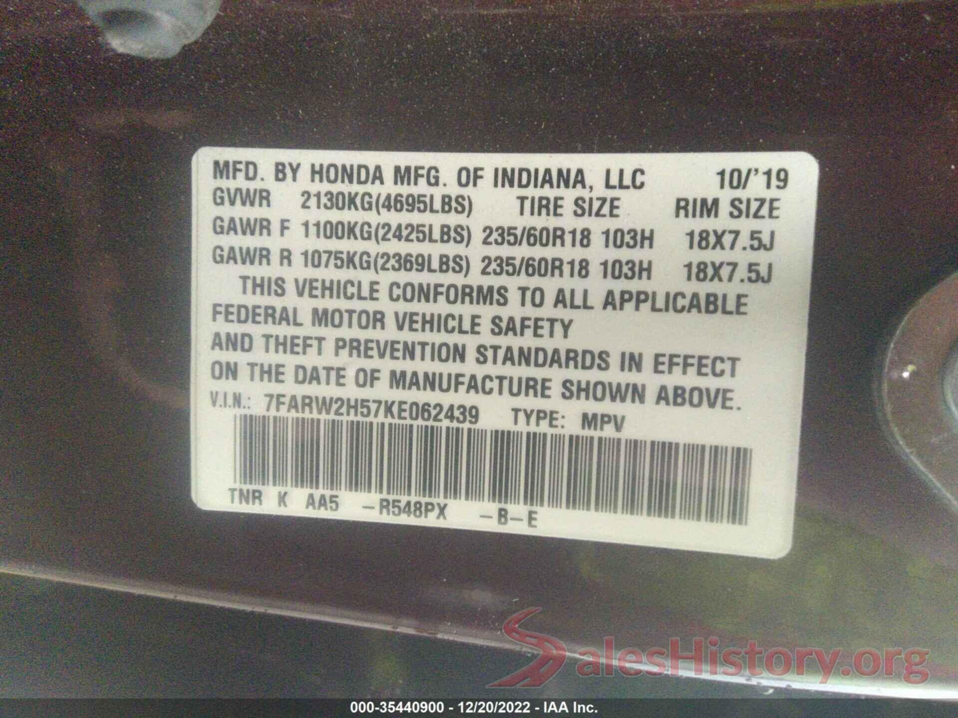 7FARW2H57KE062439 2019 HONDA CR-V