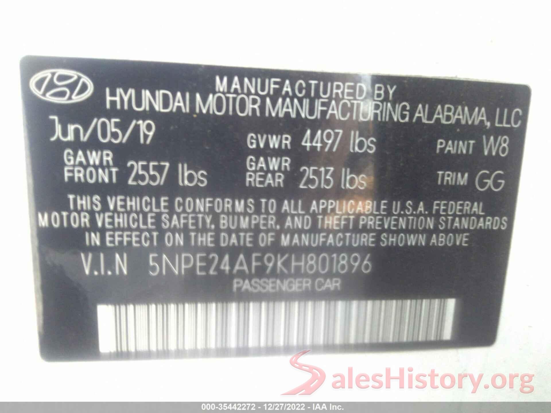 5NPE24AF9KH801896 2019 HYUNDAI SONATA