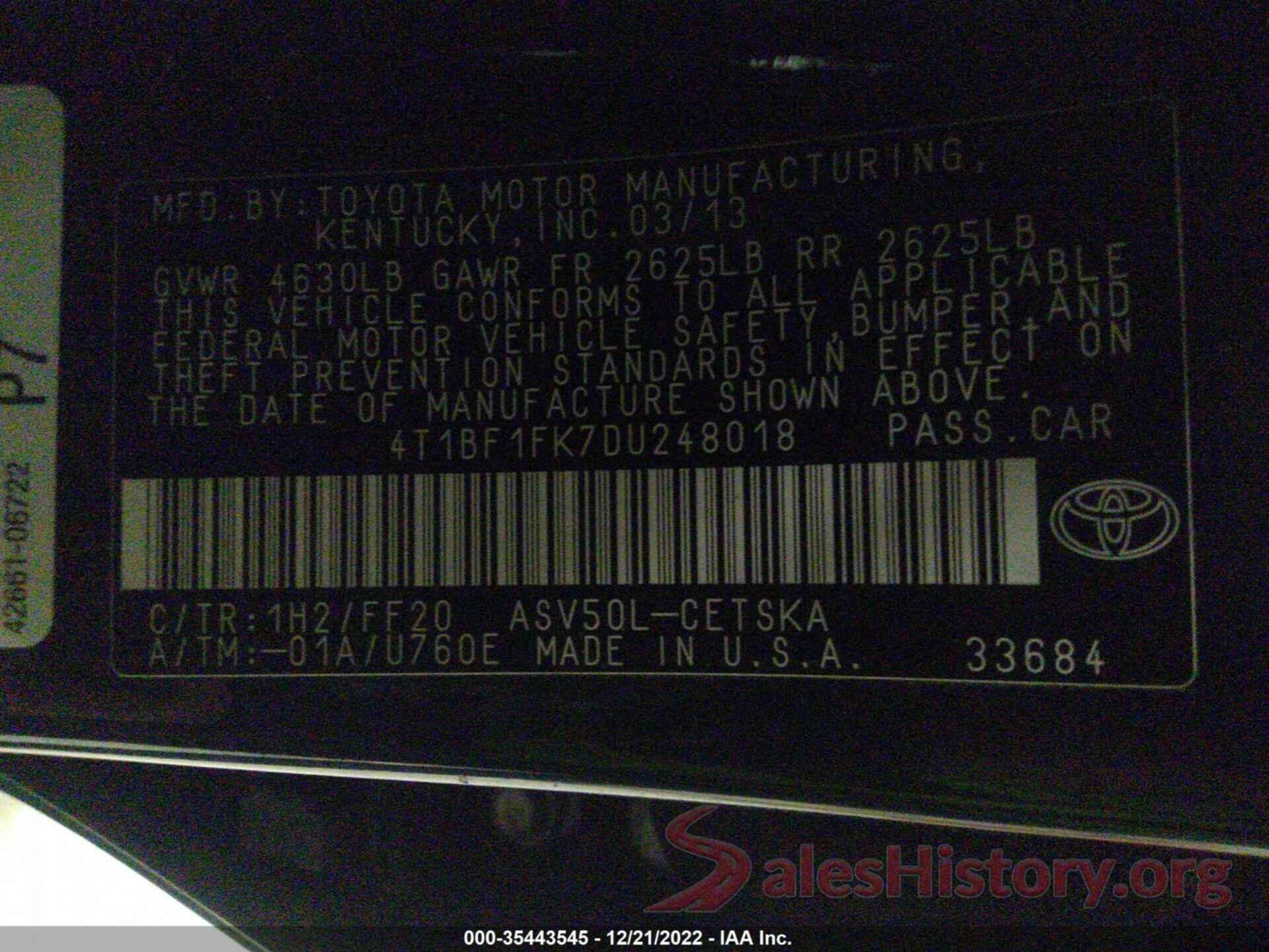 4T1BF1FK7DU248018 2013 TOYOTA CAMRY