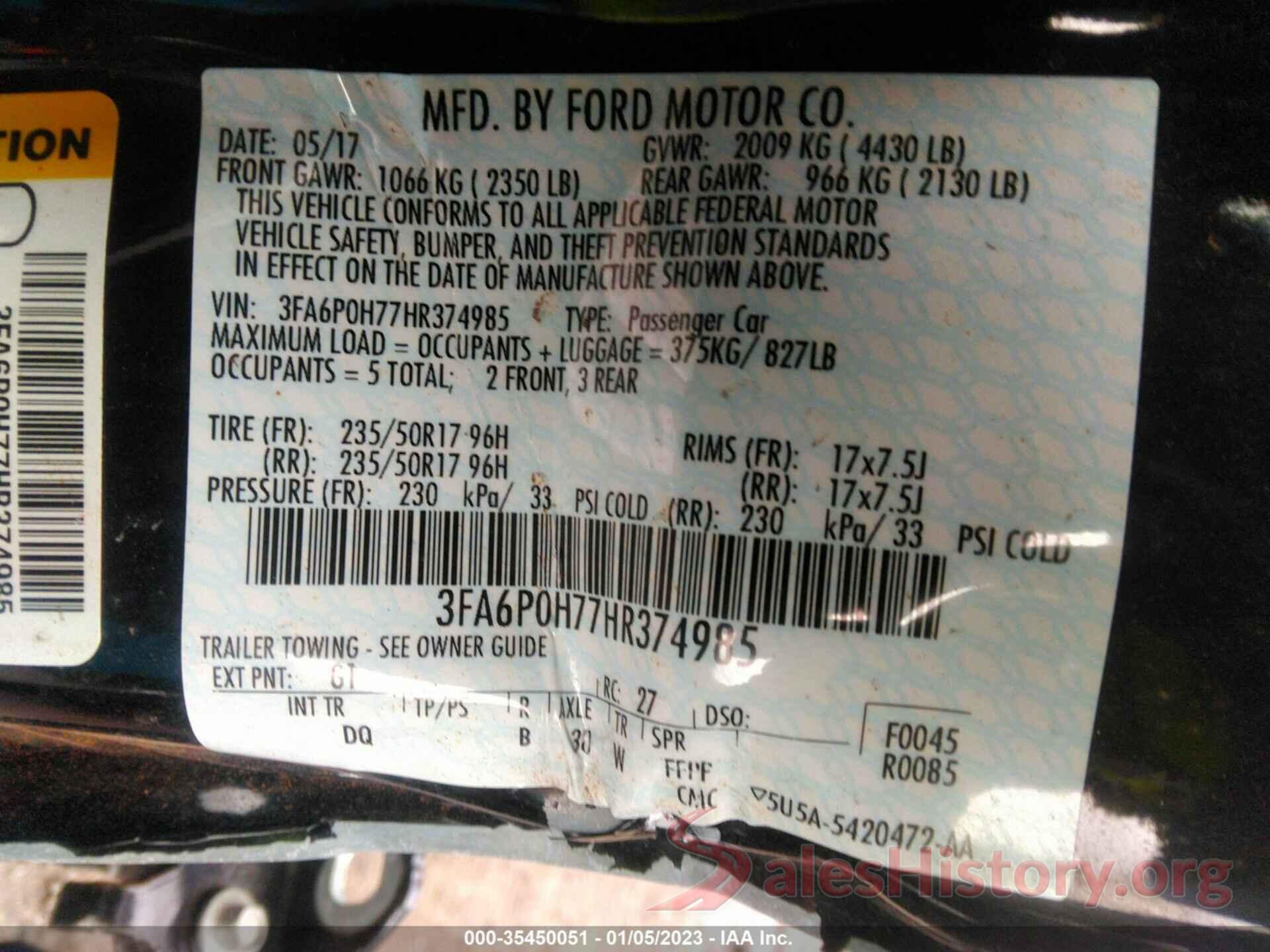 3FA6P0H77HR374985 2017 FORD FUSION