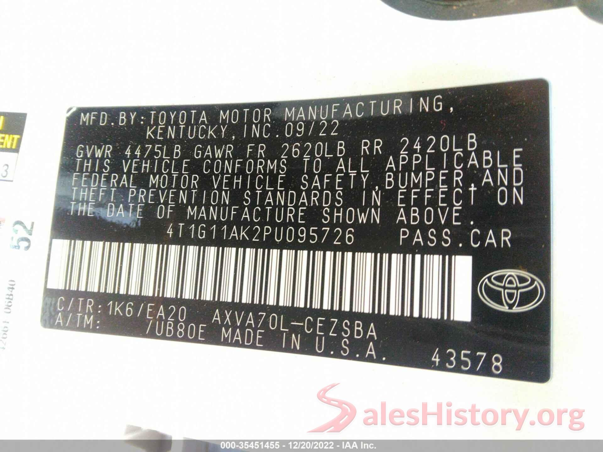 4T1G11AK2PU095726 2023 TOYOTA CAMRY