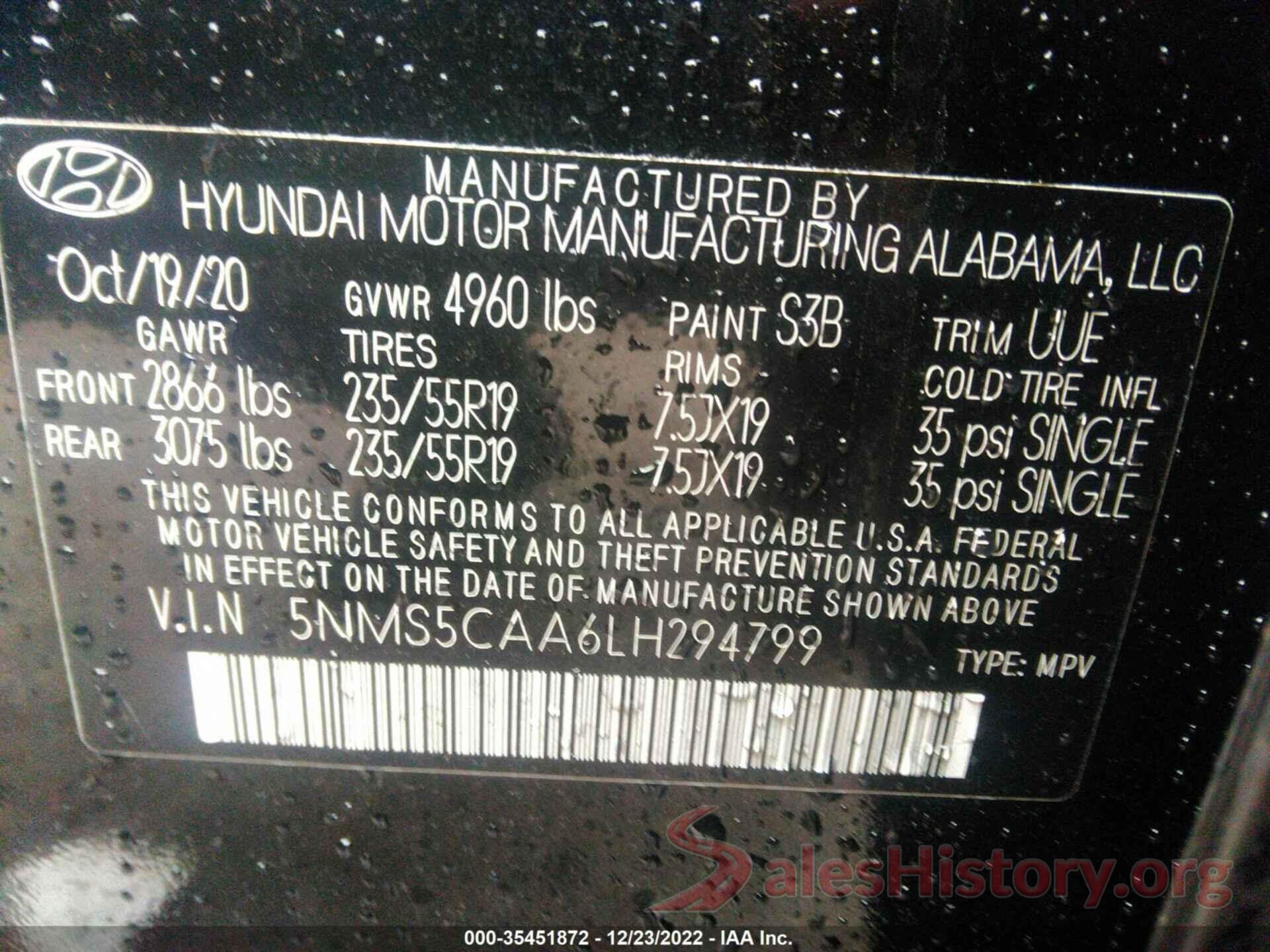 5NMS5CAA6LH294799 2020 HYUNDAI SANTA FE