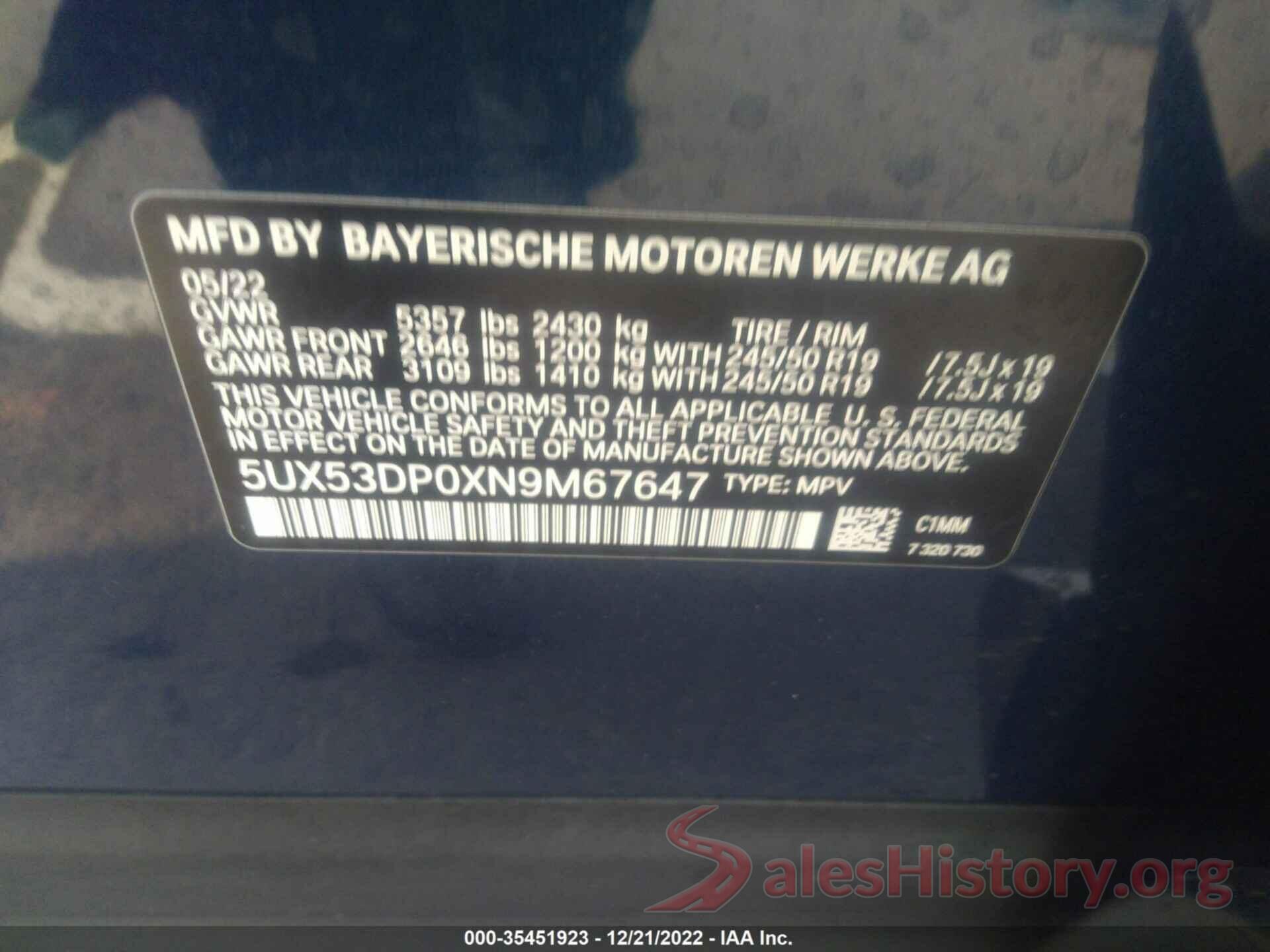 5UX53DP0XN9M67647 2022 BMW X3