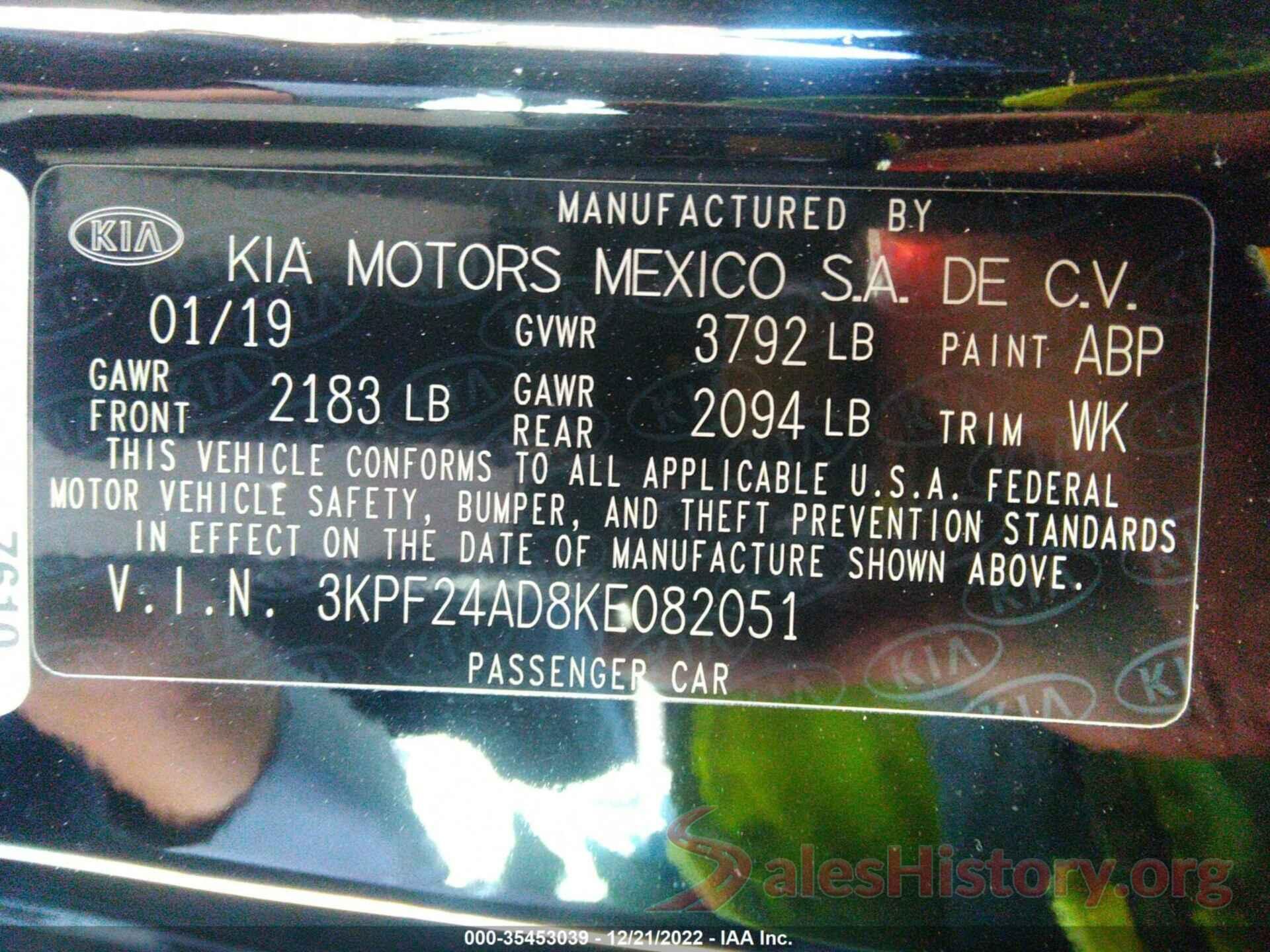 3KPF24AD8KE082051 2019 KIA FORTE