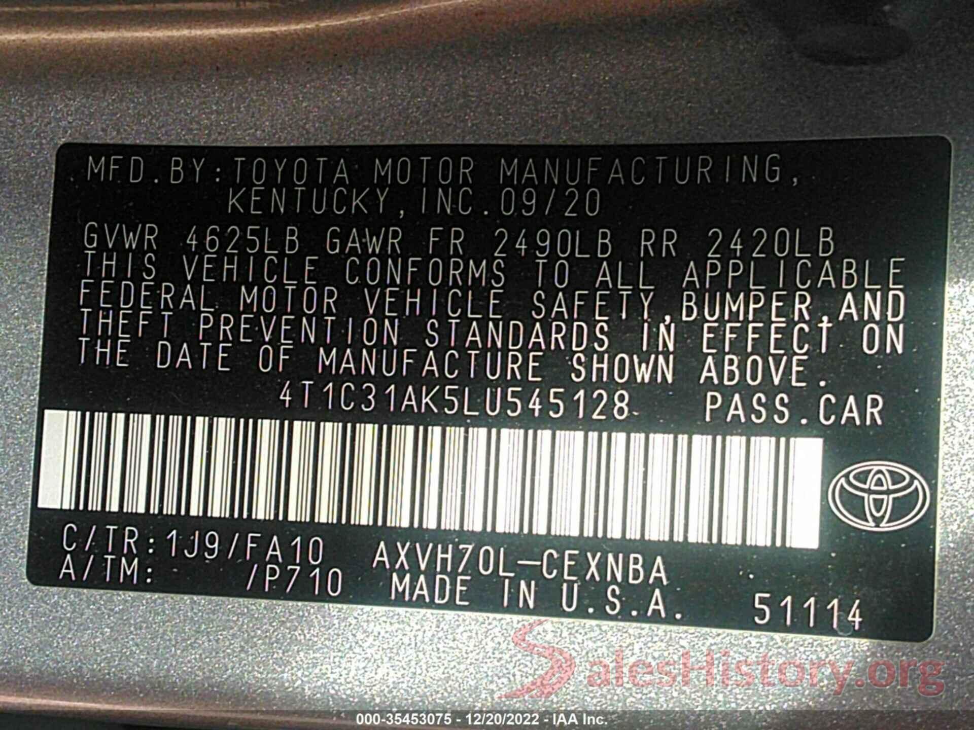 4T1C31AK5LU545128 2020 TOYOTA CAMRY