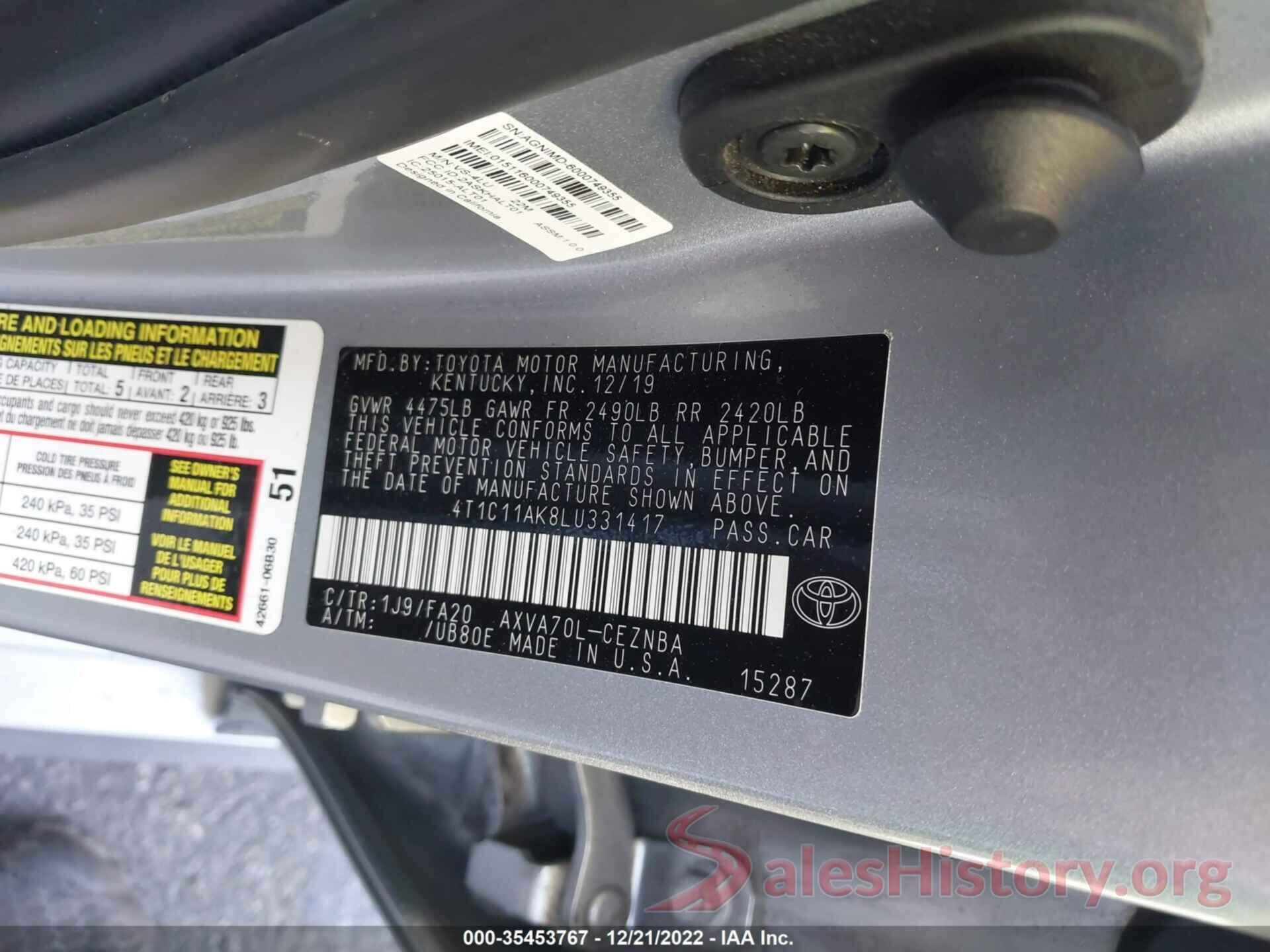 4T1C11AK8LU331417 2020 TOYOTA CAMRY