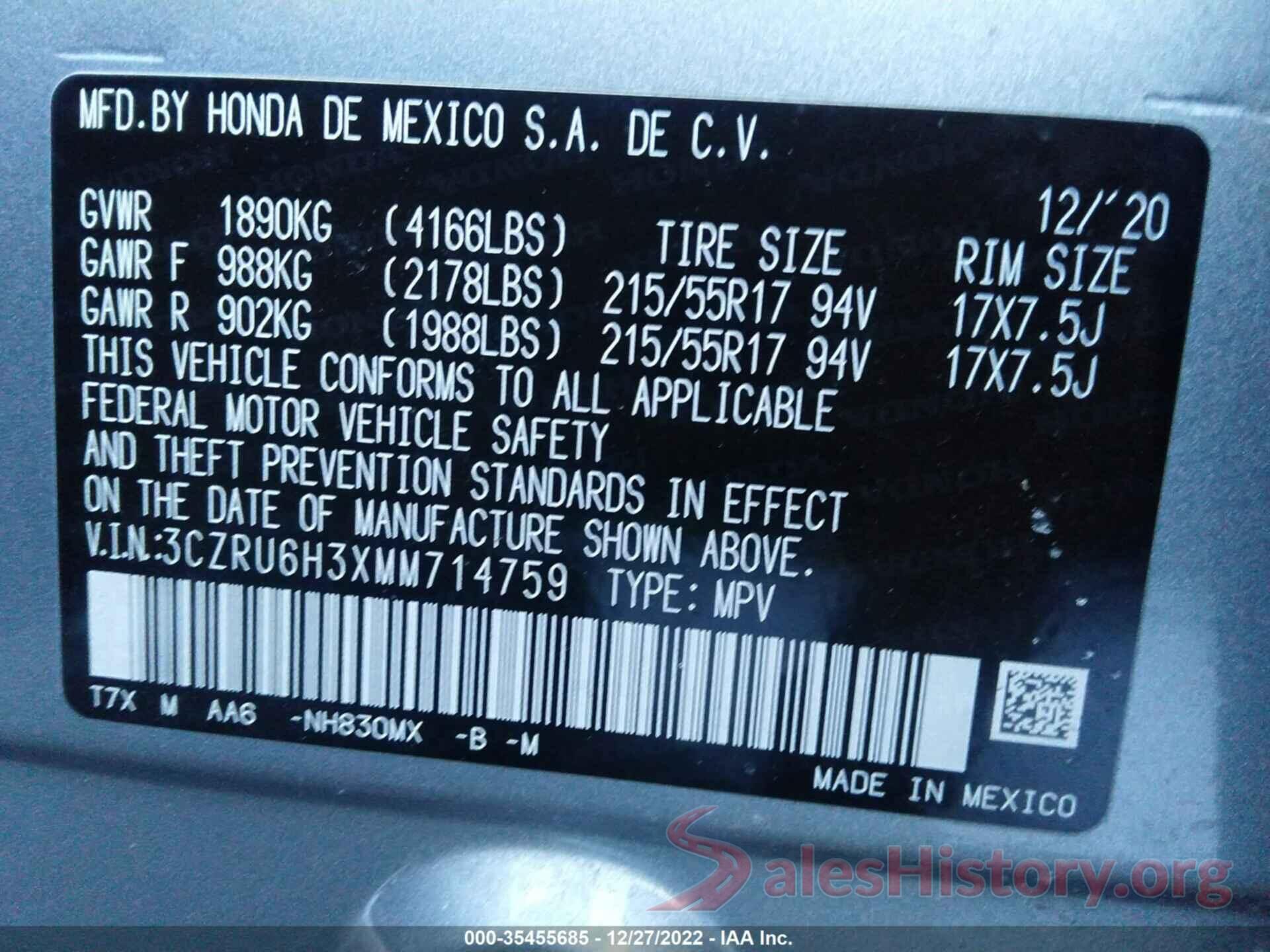 3CZRU6H3XMM714759 2021 HONDA HR-V