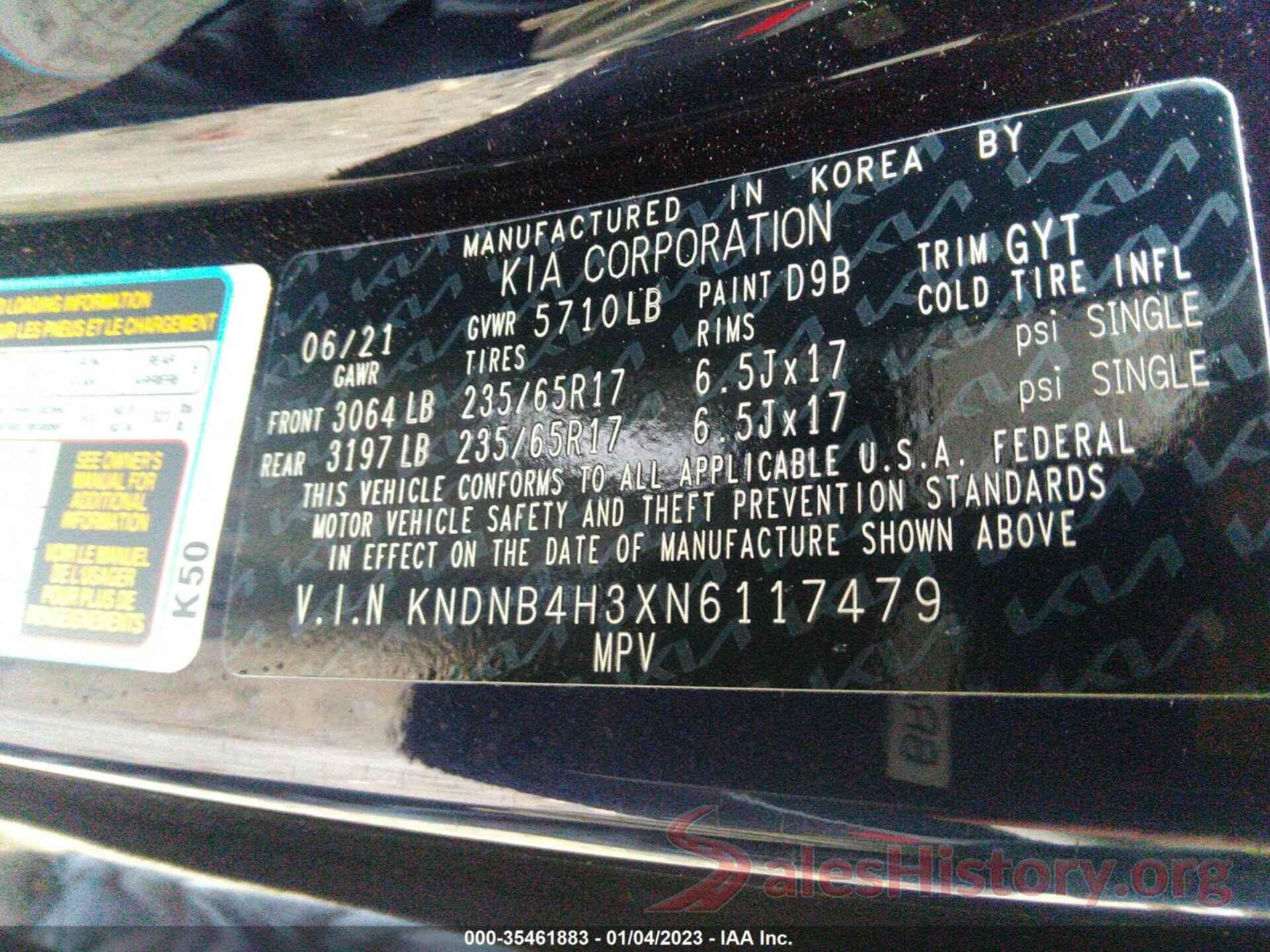 KNDNB4H3XN6117479 2022 KIA CARNIVAL