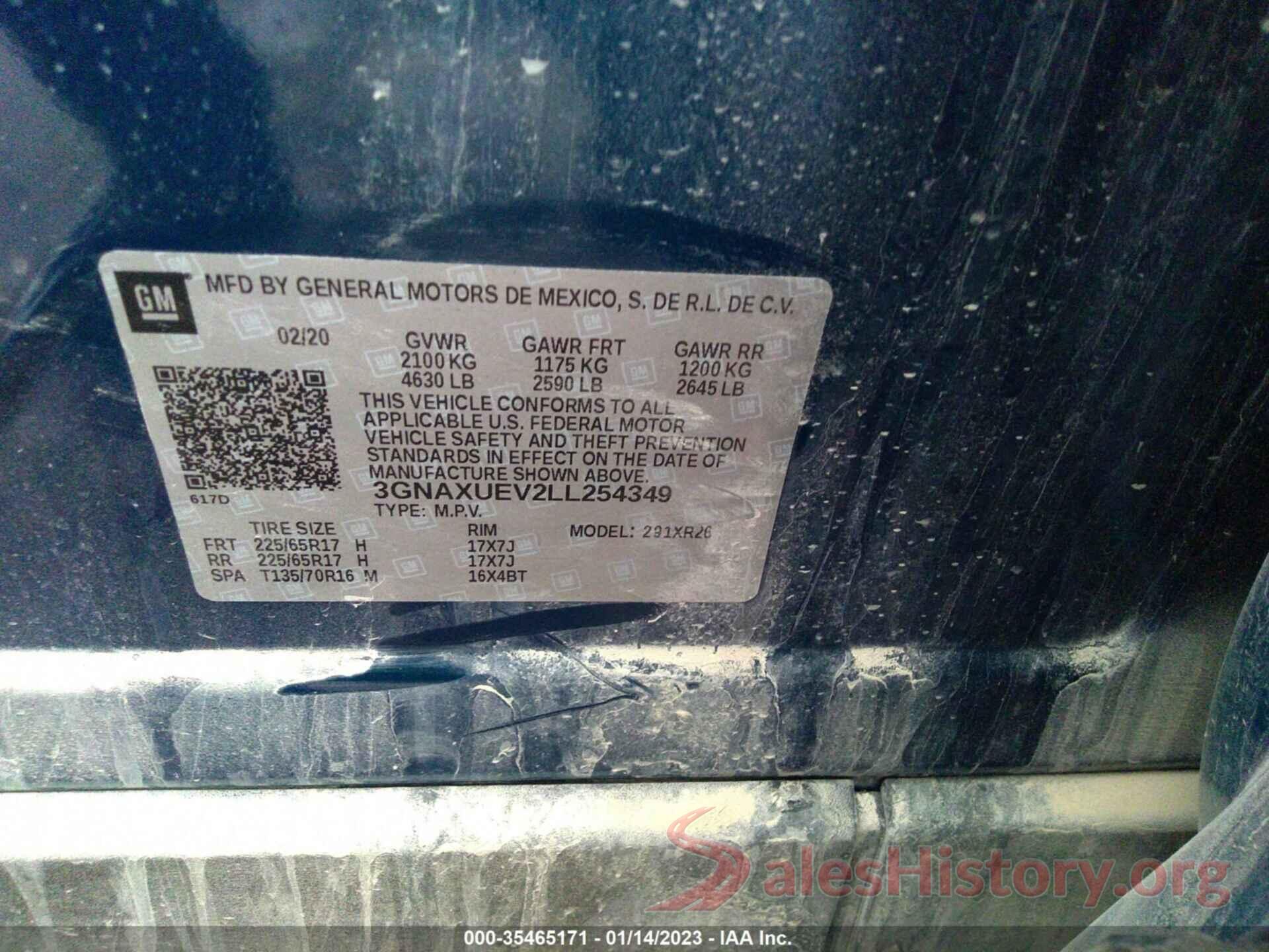 3GNAXUEV2LL254349 2020 CHEVROLET EQUINOX