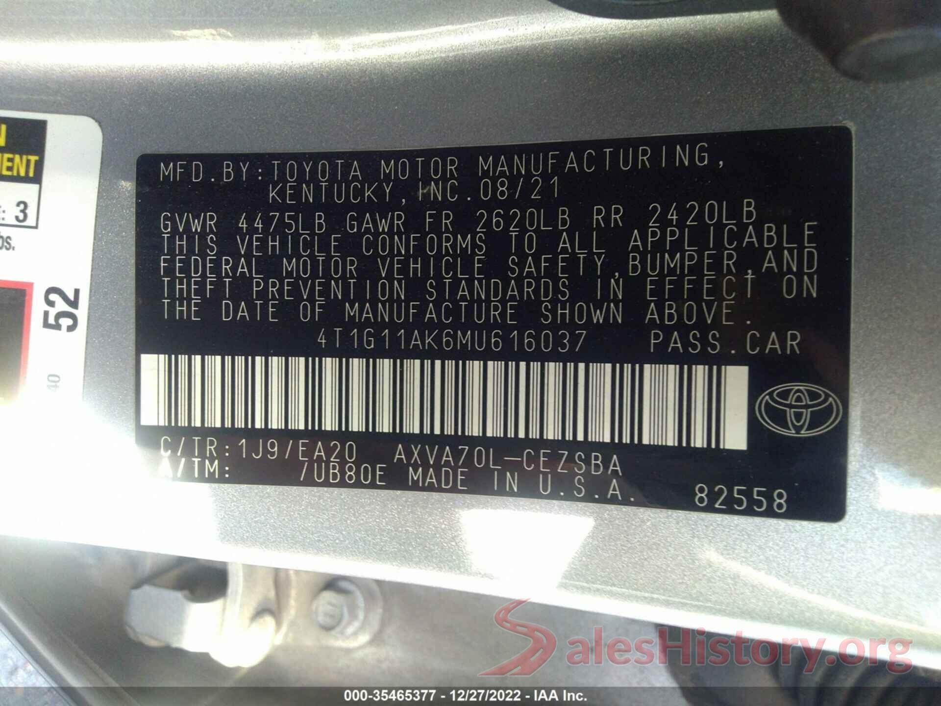 4T1G11AK6MU616037 2021 TOYOTA CAMRY