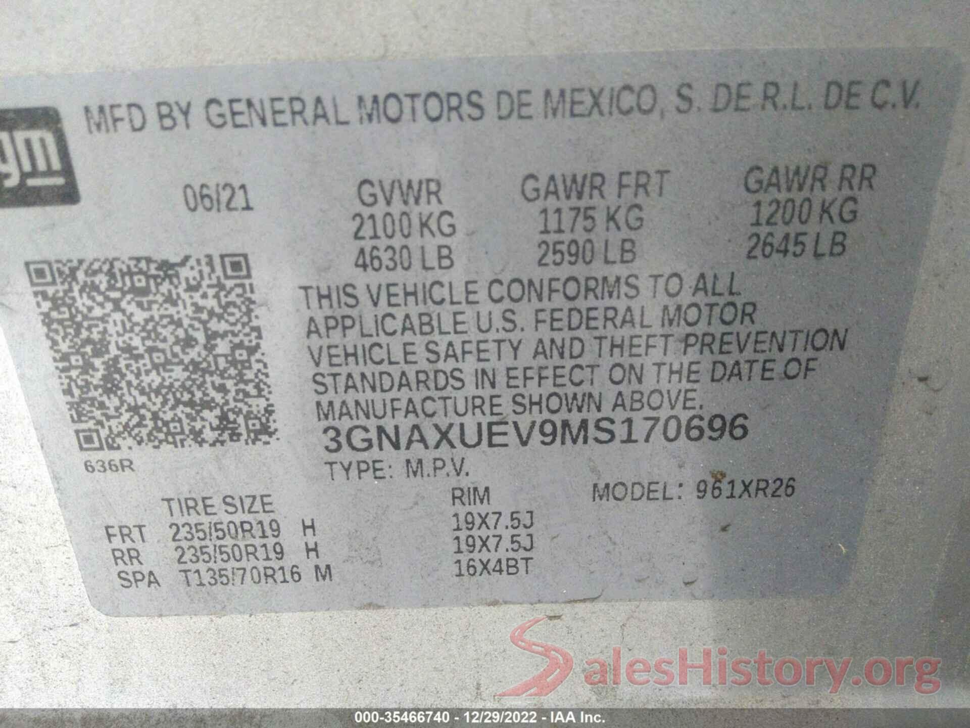 3GNAXUEV9MS170696 2021 CHEVROLET EQUINOX