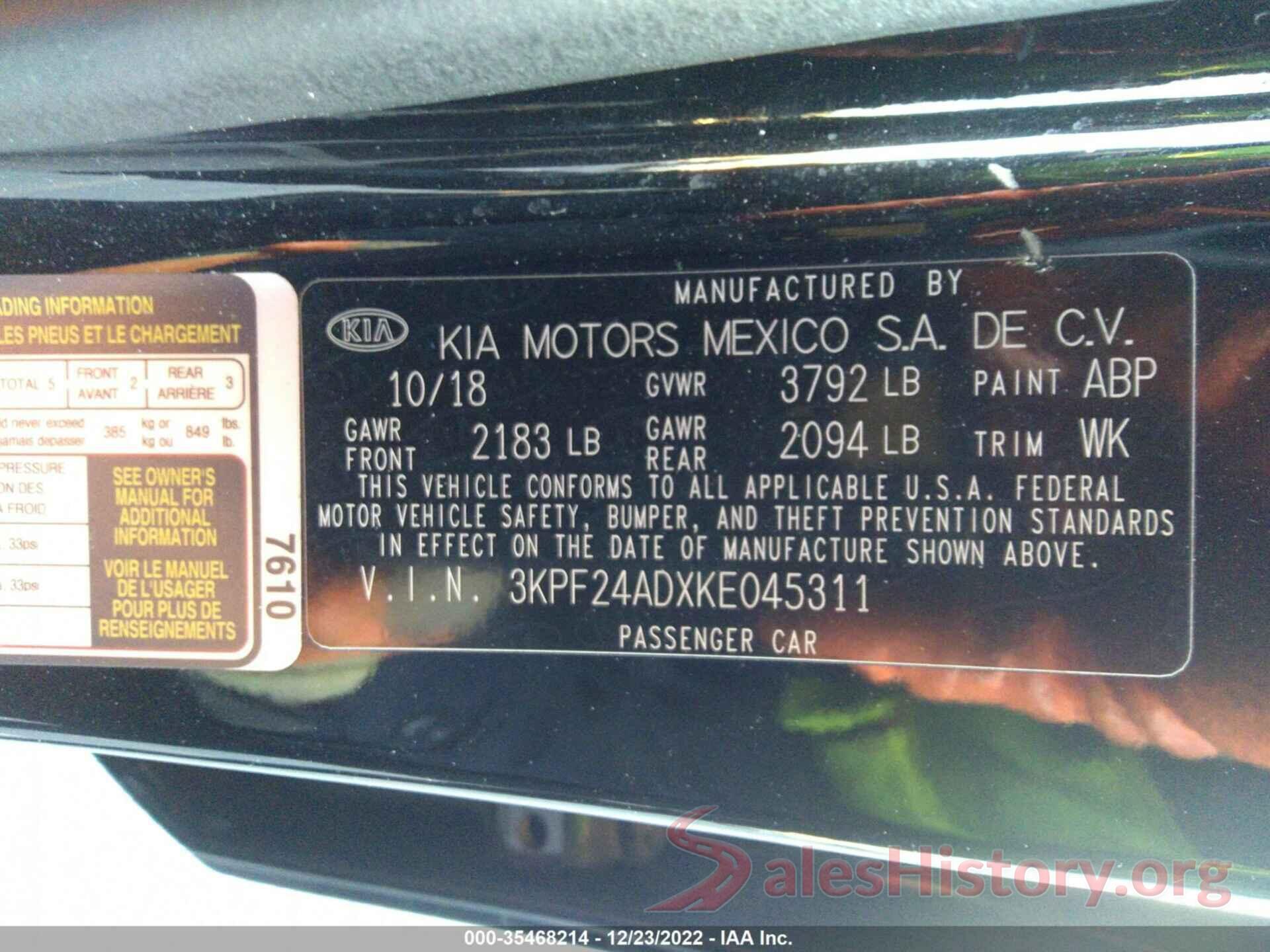 3KPF24ADXKE045311 2019 KIA FORTE