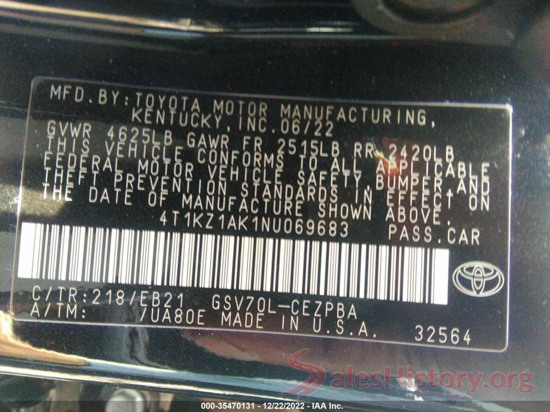 4T1KZ1AK1NU069683 2022 TOYOTA CAMRY