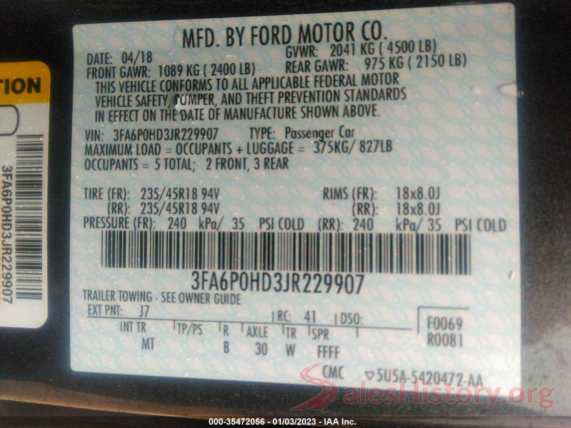 3FA6P0HD3JR229907 2018 FORD FUSION