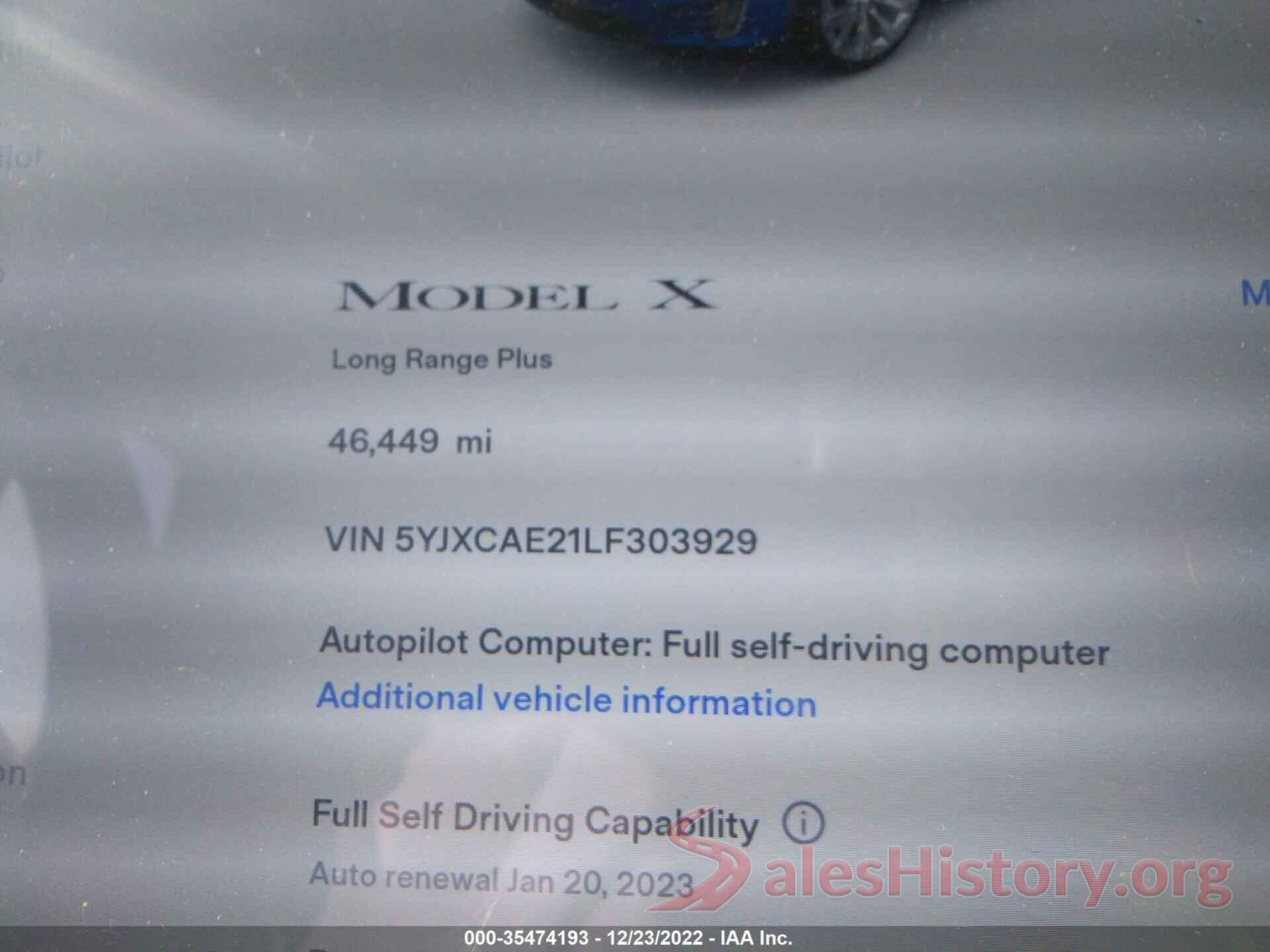 5YJXCAE21LF303929 2020 TESLA MODEL X