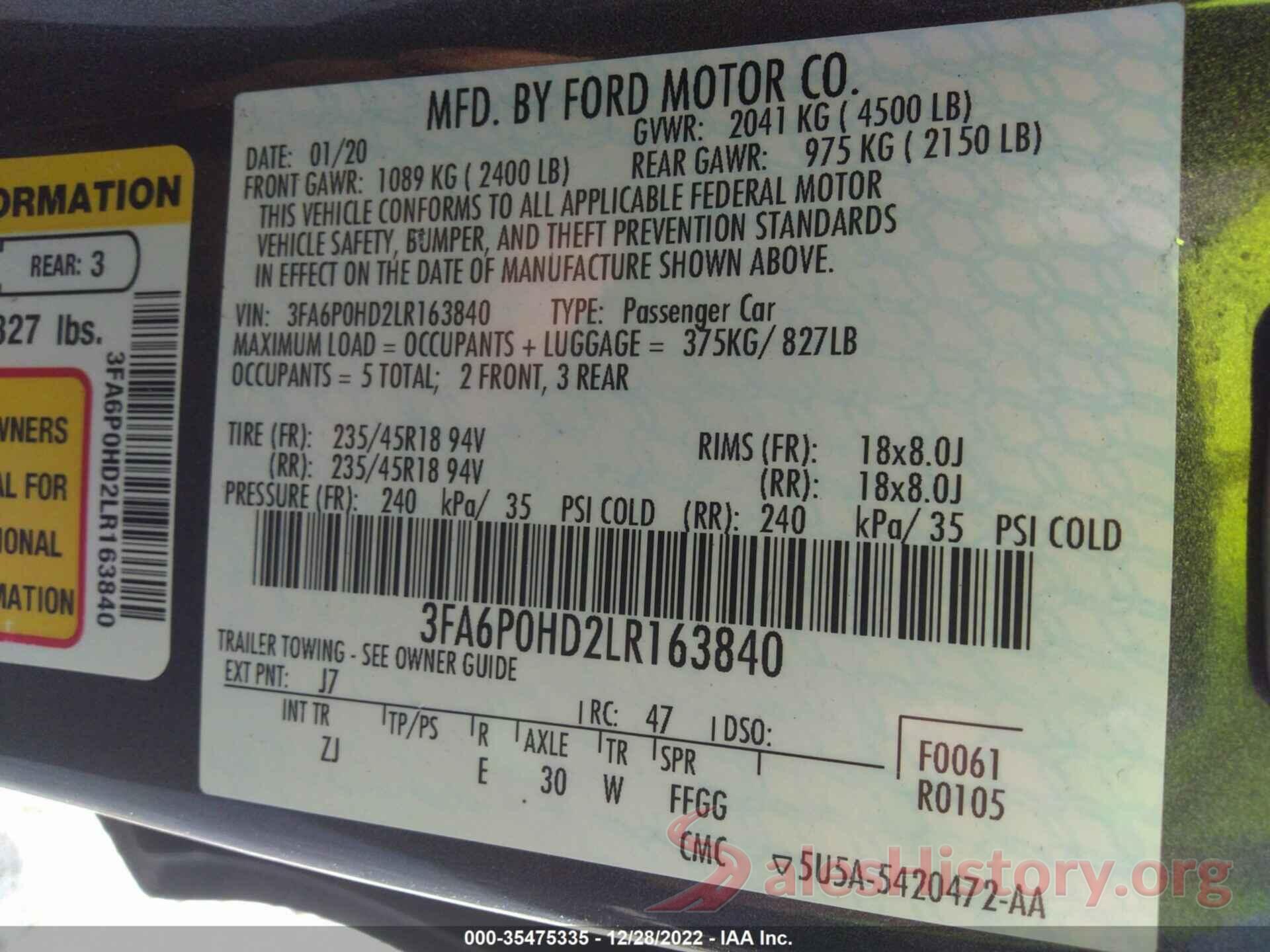 3FA6P0HD2LR163840 2020 FORD FUSION