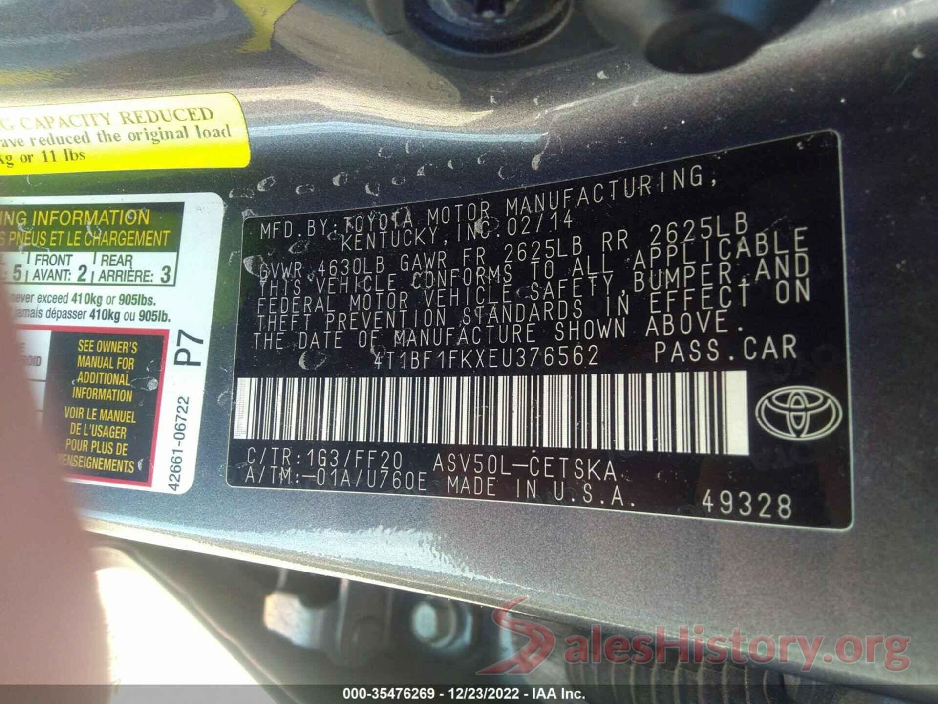 4T1BF1FKXEU376562 2014 TOYOTA CAMRY