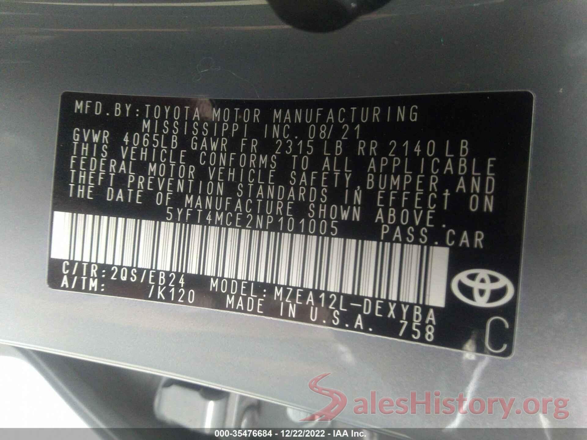 5YFT4MCE2NP101005 2022 TOYOTA COROLLA