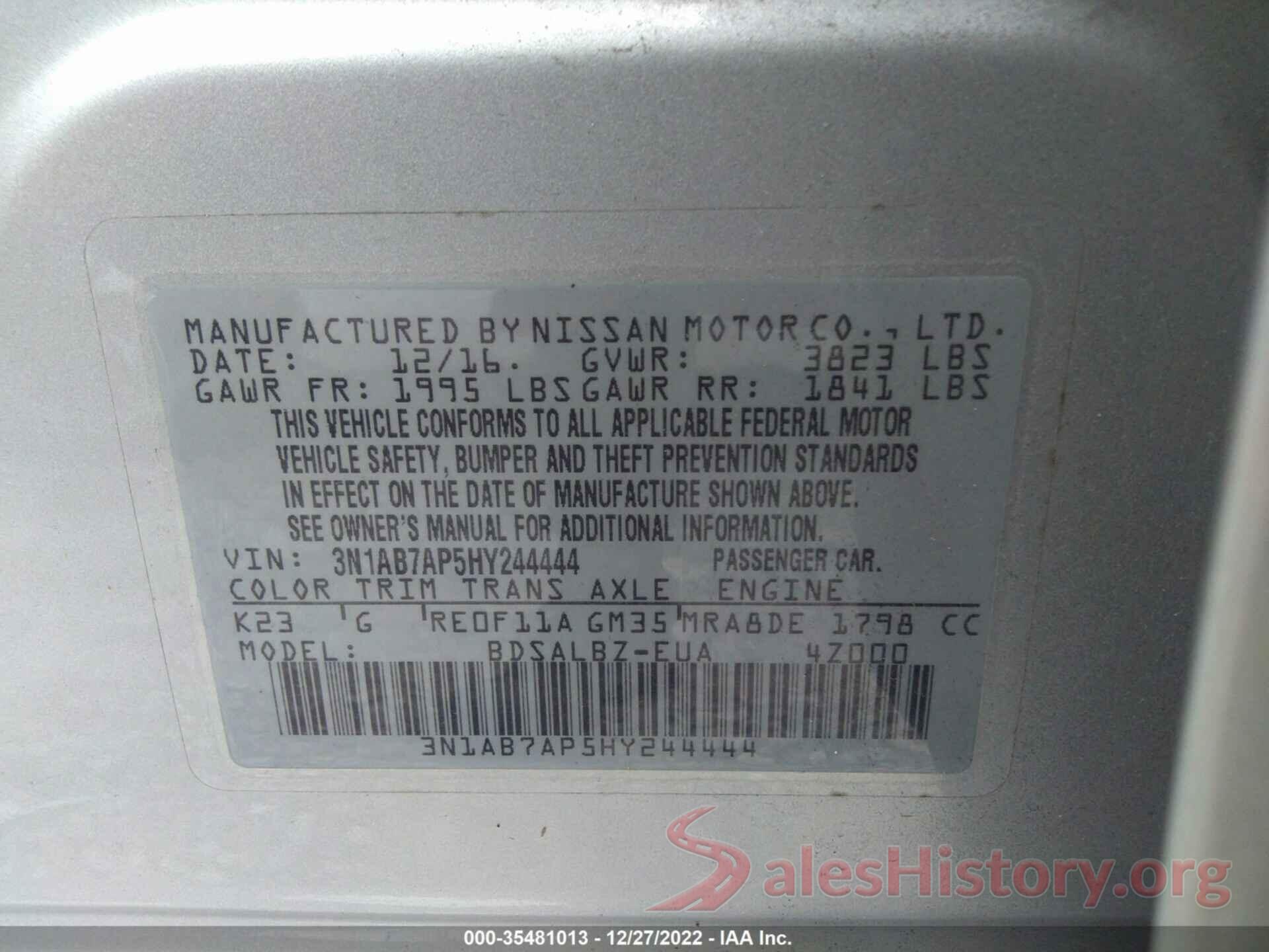 3N1AB7AP5HY244444 2017 NISSAN SENTRA